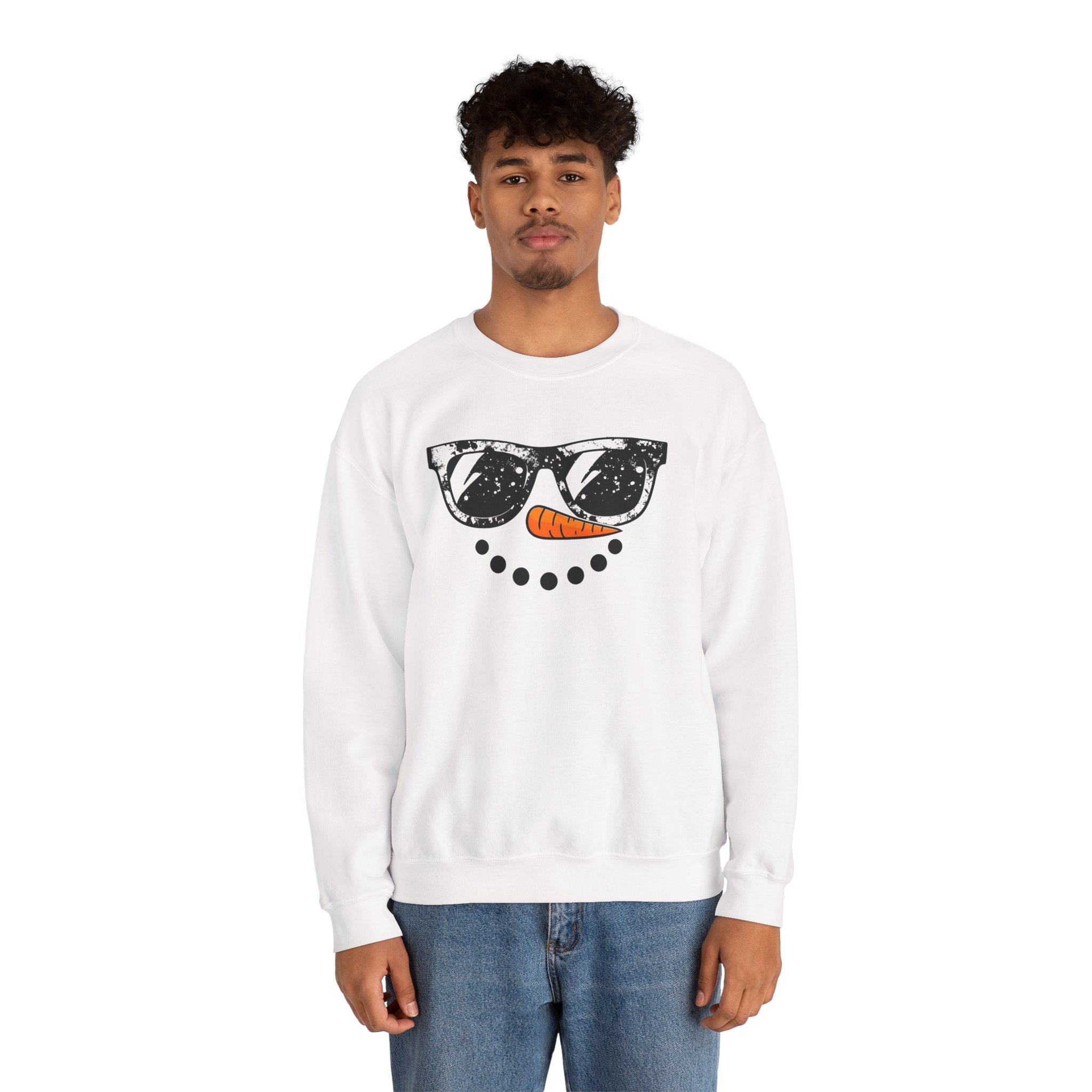 Snowman Face Crewneck Sweatshirt — Sunglasses & Carrot Nose Holiday Sweater