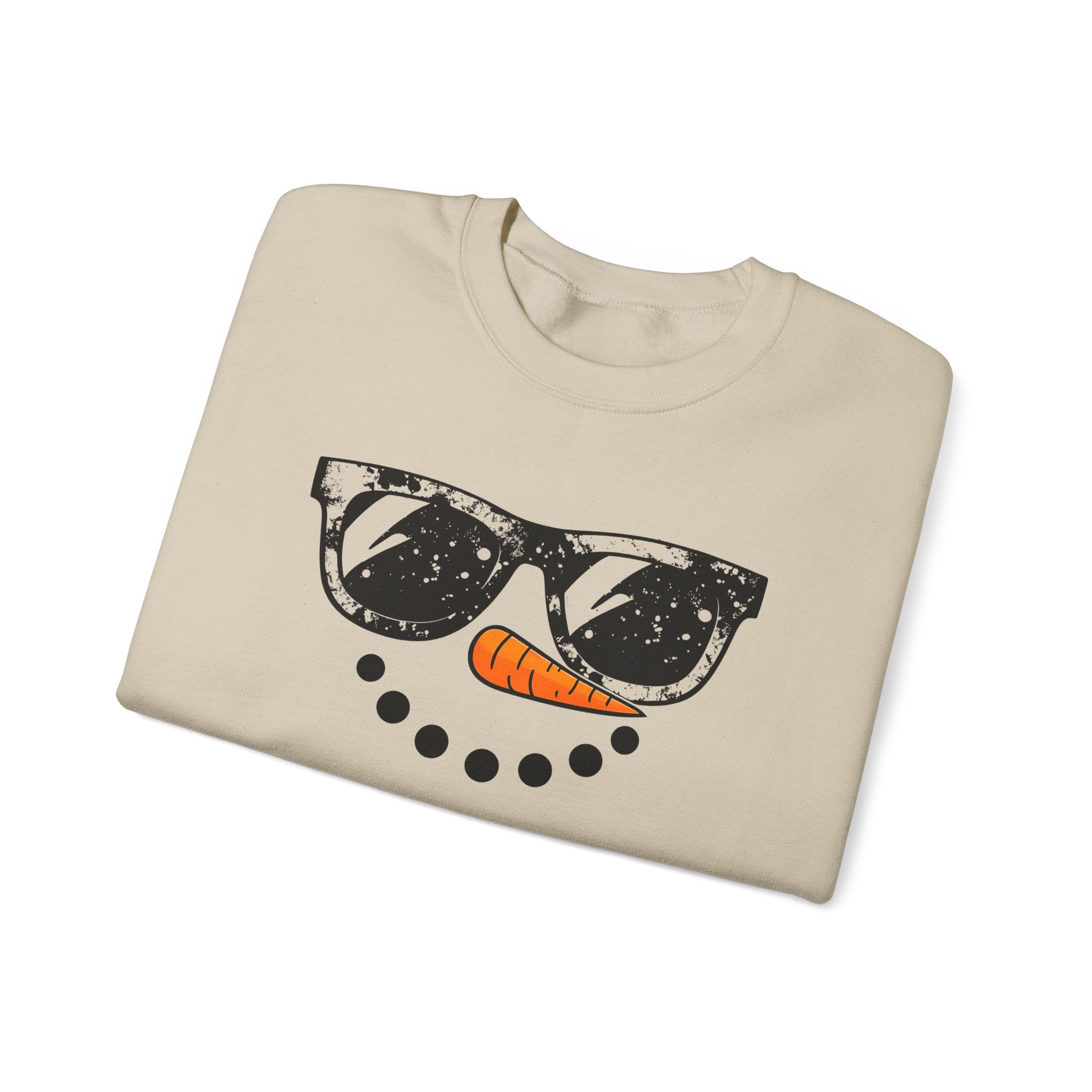 Snowman Face Crewneck Sweatshirt — Sunglasses & Carrot Nose Holiday Sweater