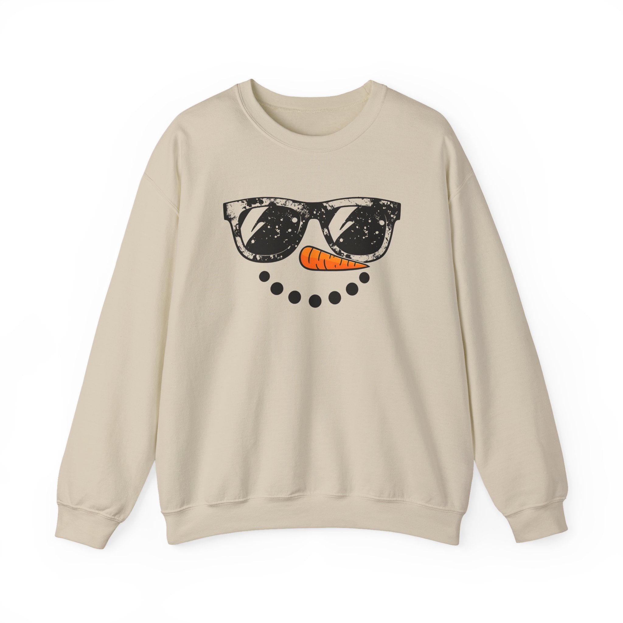 Snowman Face Crewneck Sweatshirt — Sunglasses & Carrot Nose Holiday Sweater