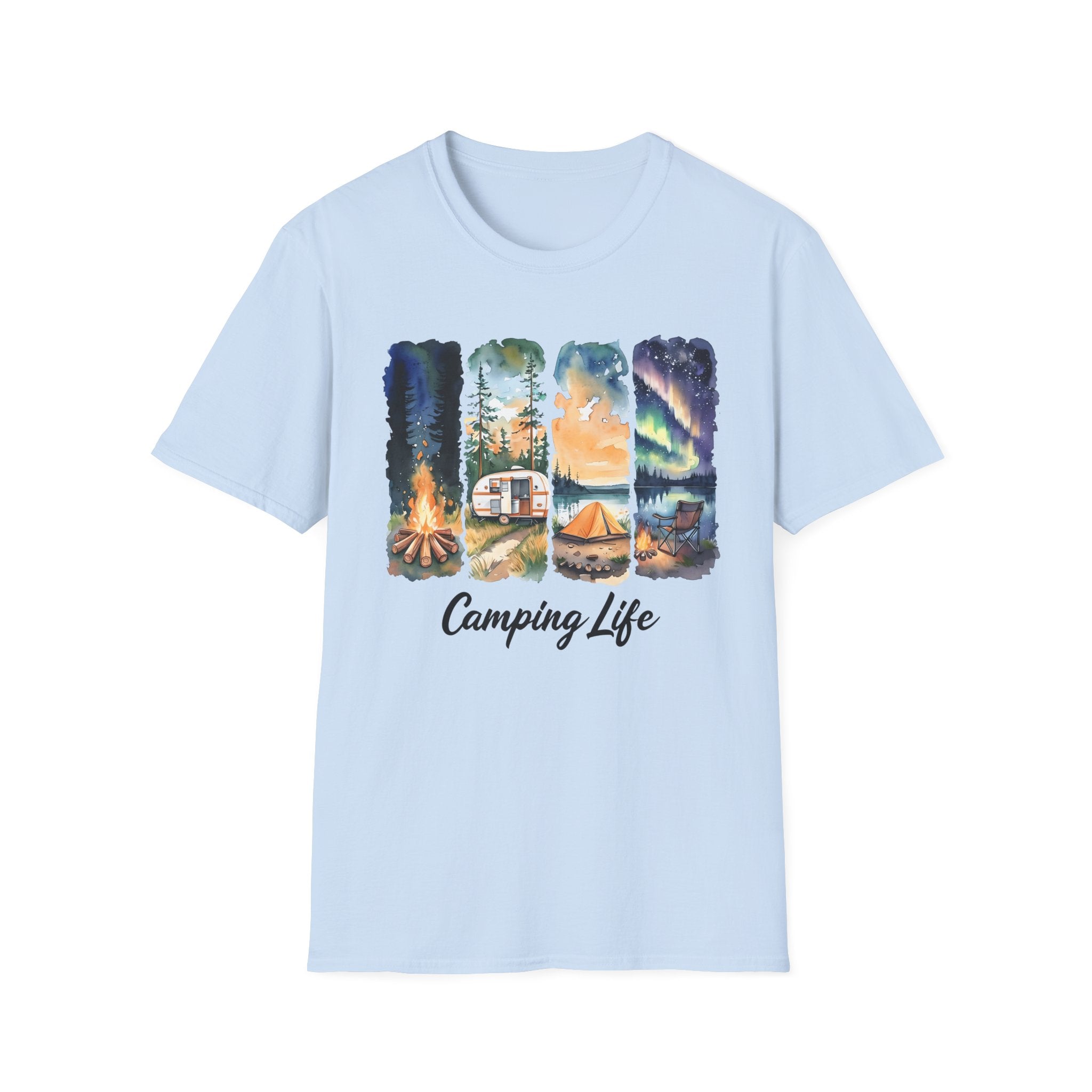 Camping Life T‑Shirt — Retro Campsite Scenes (Campfire, Trailer, Tent, Northern Lights)