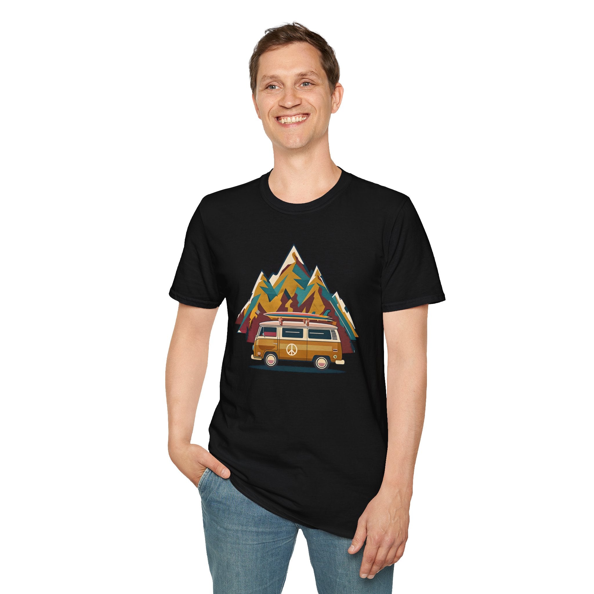 Retro Camper Van T-Shirt — Vintage Mountain Adventure Graphic Tee