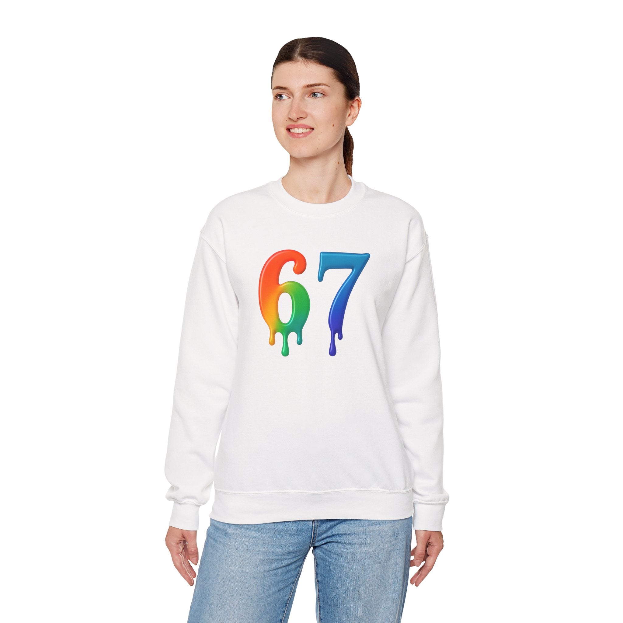Colorful Drip 67 Sweatshirt, Cozy Unisex Crewneck, Gift for Friends, Rainbow Sweatshirt, Casual Everyday Wear, Birthday Apparel