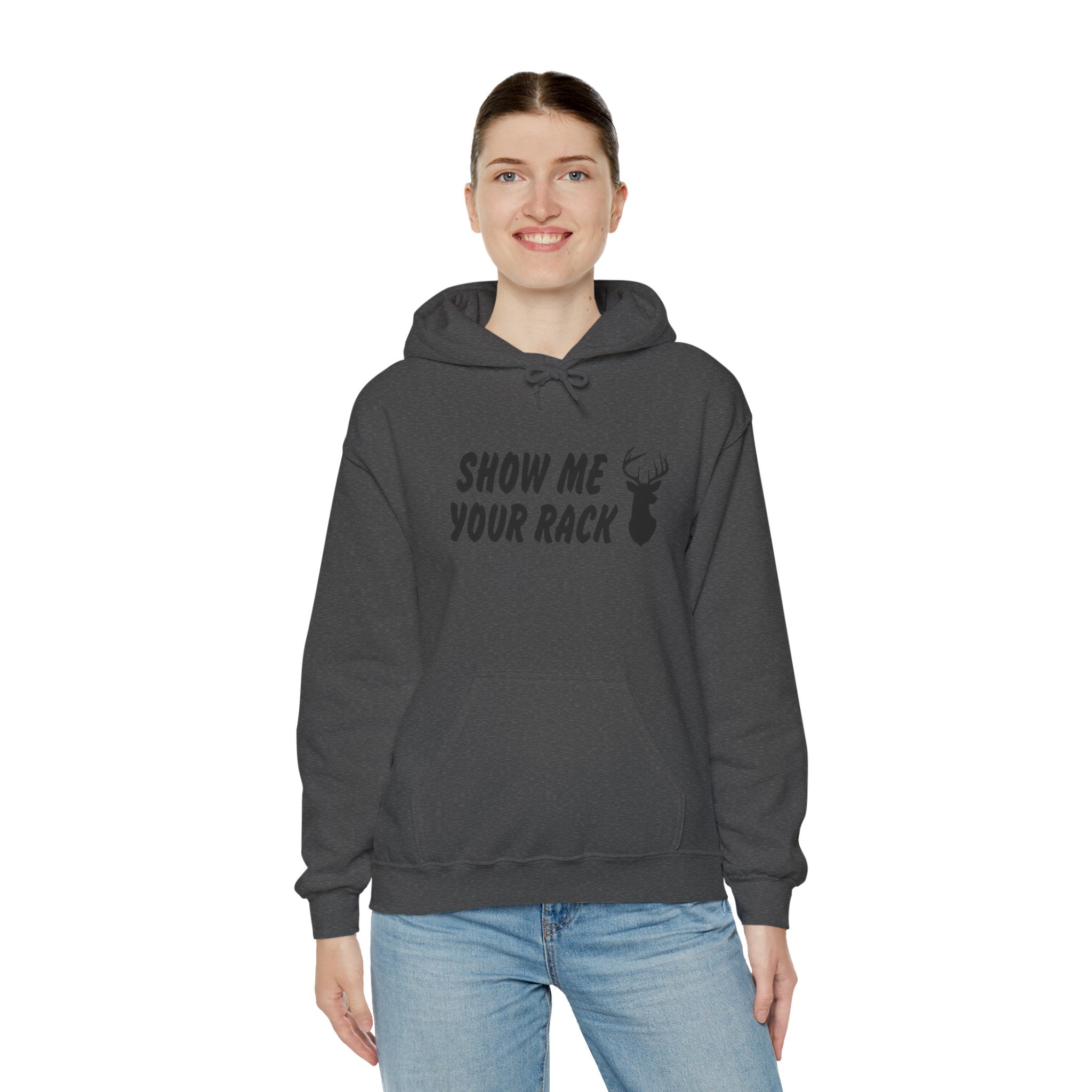 Funny Hunting Hoodie - Show Me Your Rack, Unisex Sweatshirt for Outdoors, Gift for Hunters, Casual Wear, Holiday Apparel