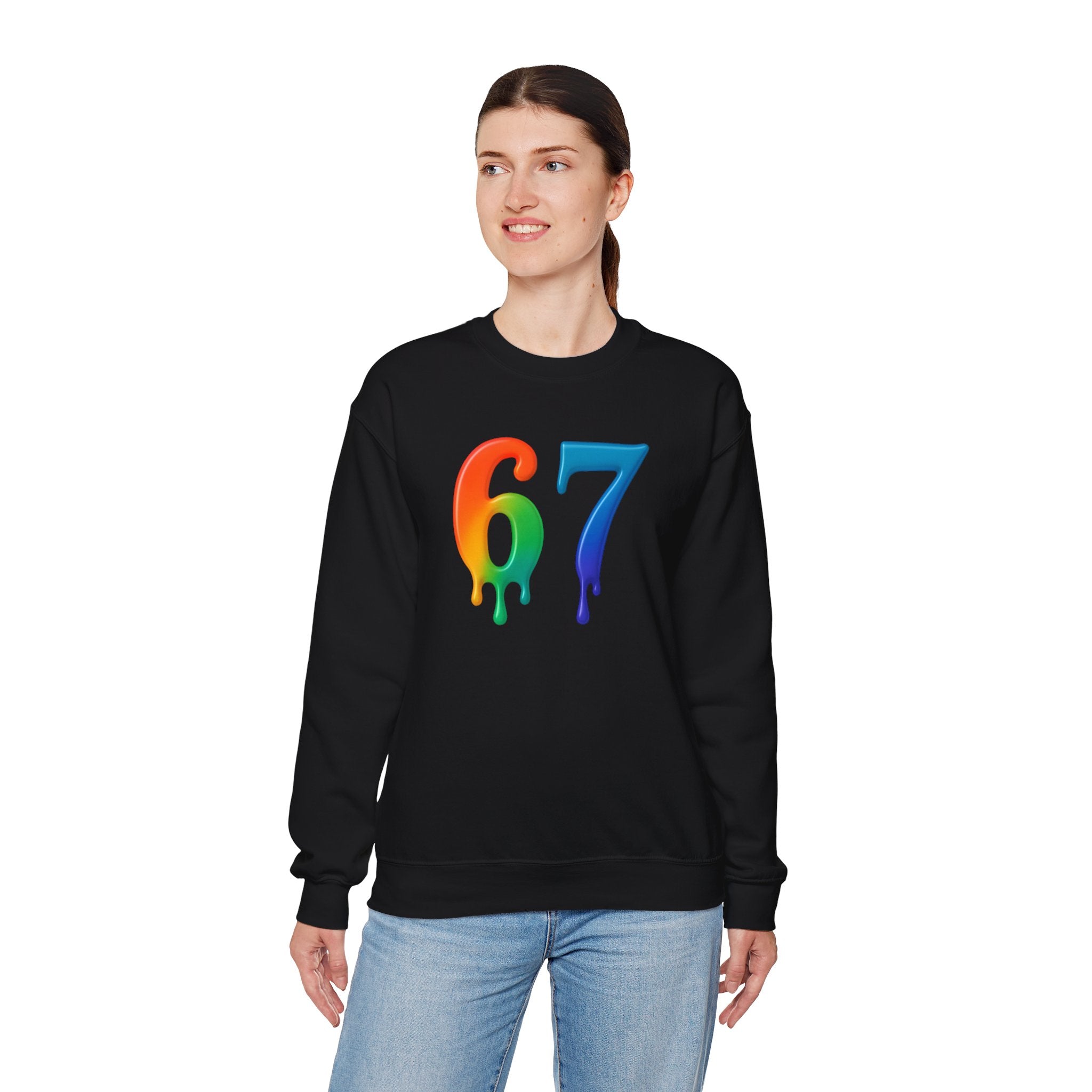 Colorful Drip 67 Sweatshirt, Cozy Unisex Crewneck, Gift for Friends, Rainbow Sweatshirt, Casual Everyday Wear, Birthday Apparel