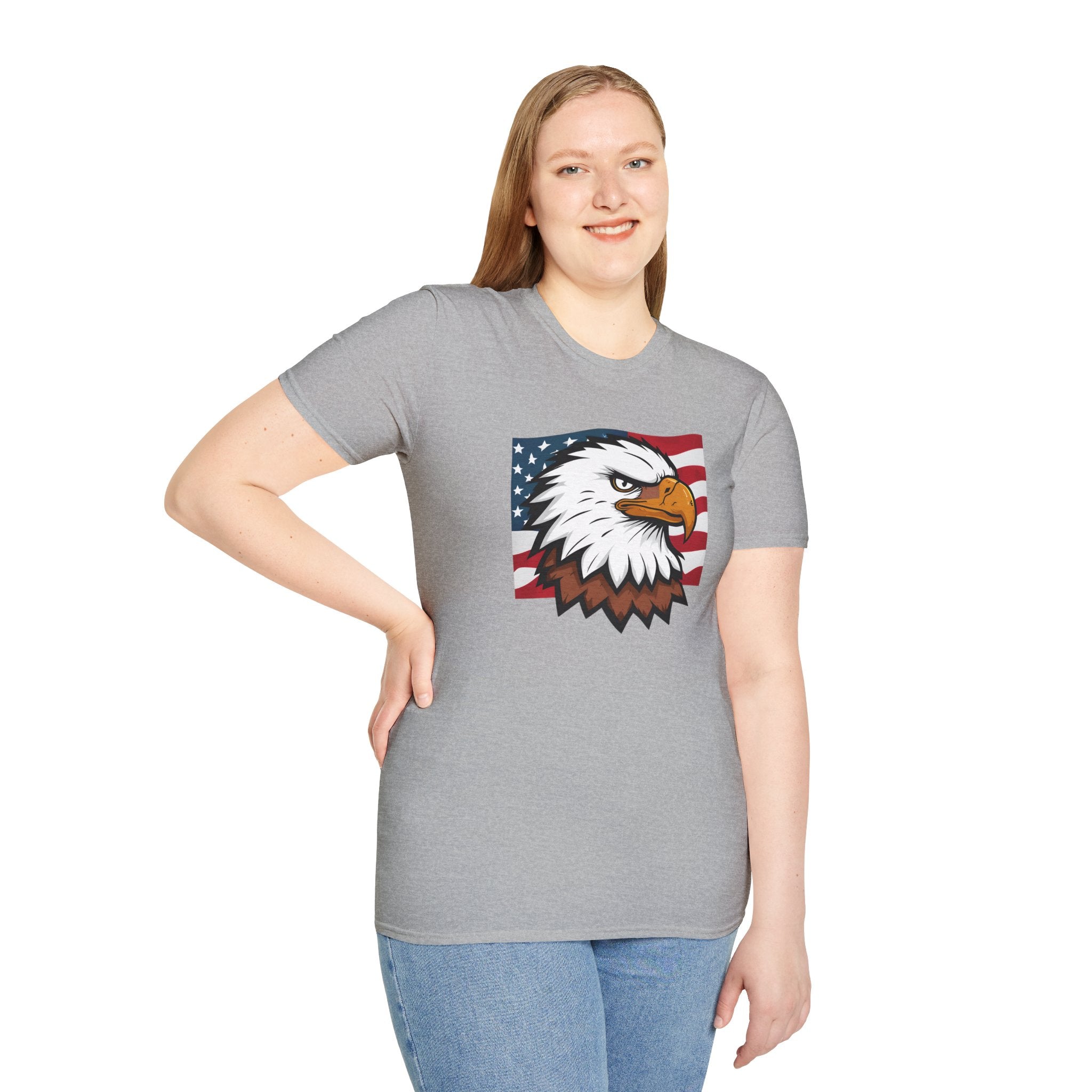 Patriotic Eagle Graphic T-Shirt, Unisex Softstyle Tee for Independence Day, Casual Wear, Gift for Veterans, American Pride Clothing