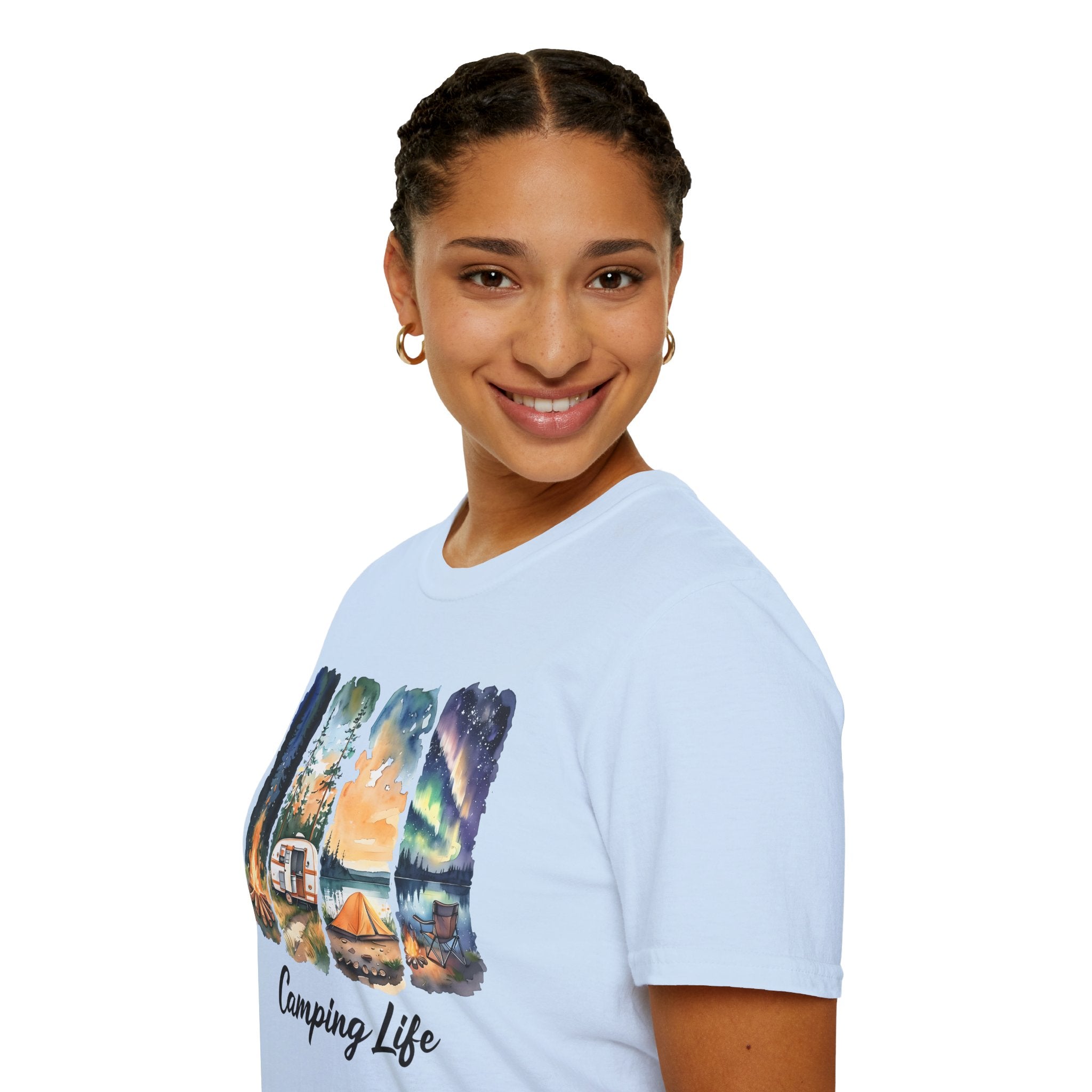 Camping Life T‑Shirt — Retro Campsite Scenes (Campfire, Trailer, Tent, Northern Lights)