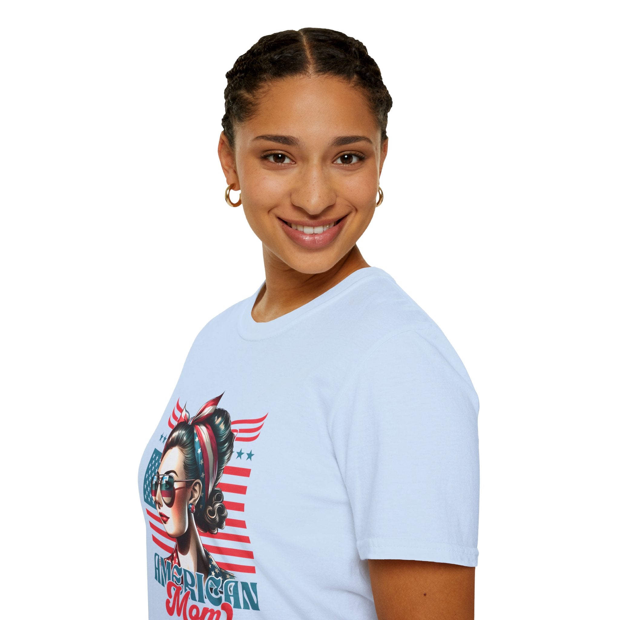 American Mom T-Shirt — Patriotic Retro Rosie Women’s Tee (Stars & Stripes)