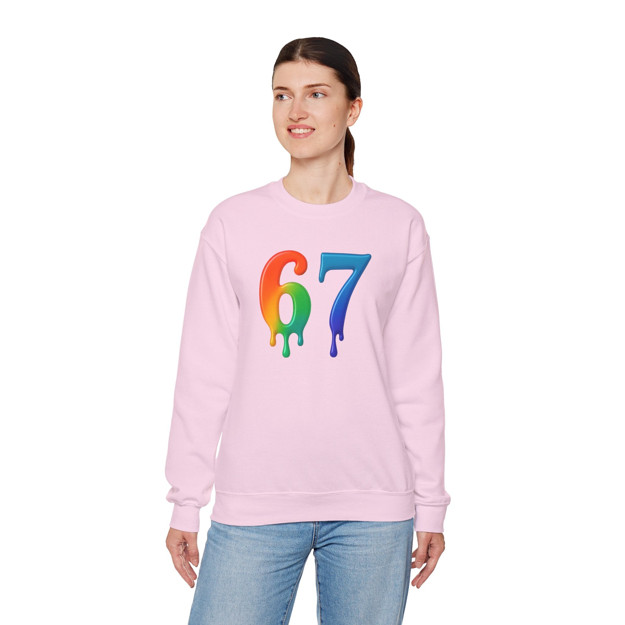 Colorful Drip 67 Sweatshirt, Cozy Unisex Crewneck, Gift for Friends, Rainbow Sweatshirt, Casual Everyday Wear, Birthday Apparel