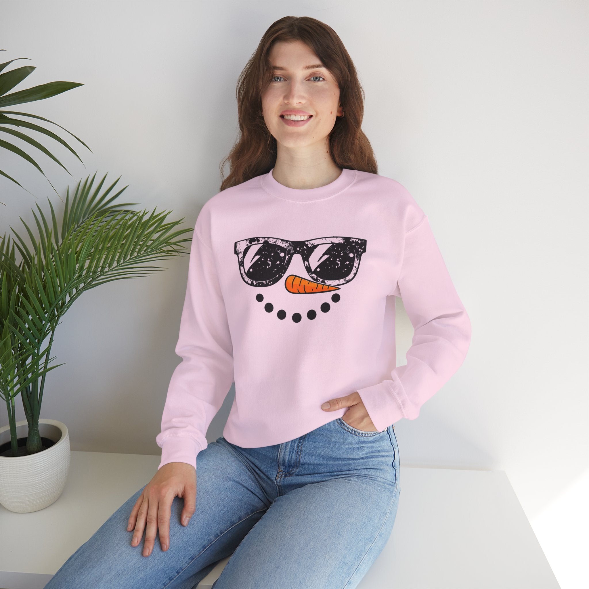 Snowman Face Crewneck Sweatshirt — Sunglasses & Carrot Nose Holiday Sweater