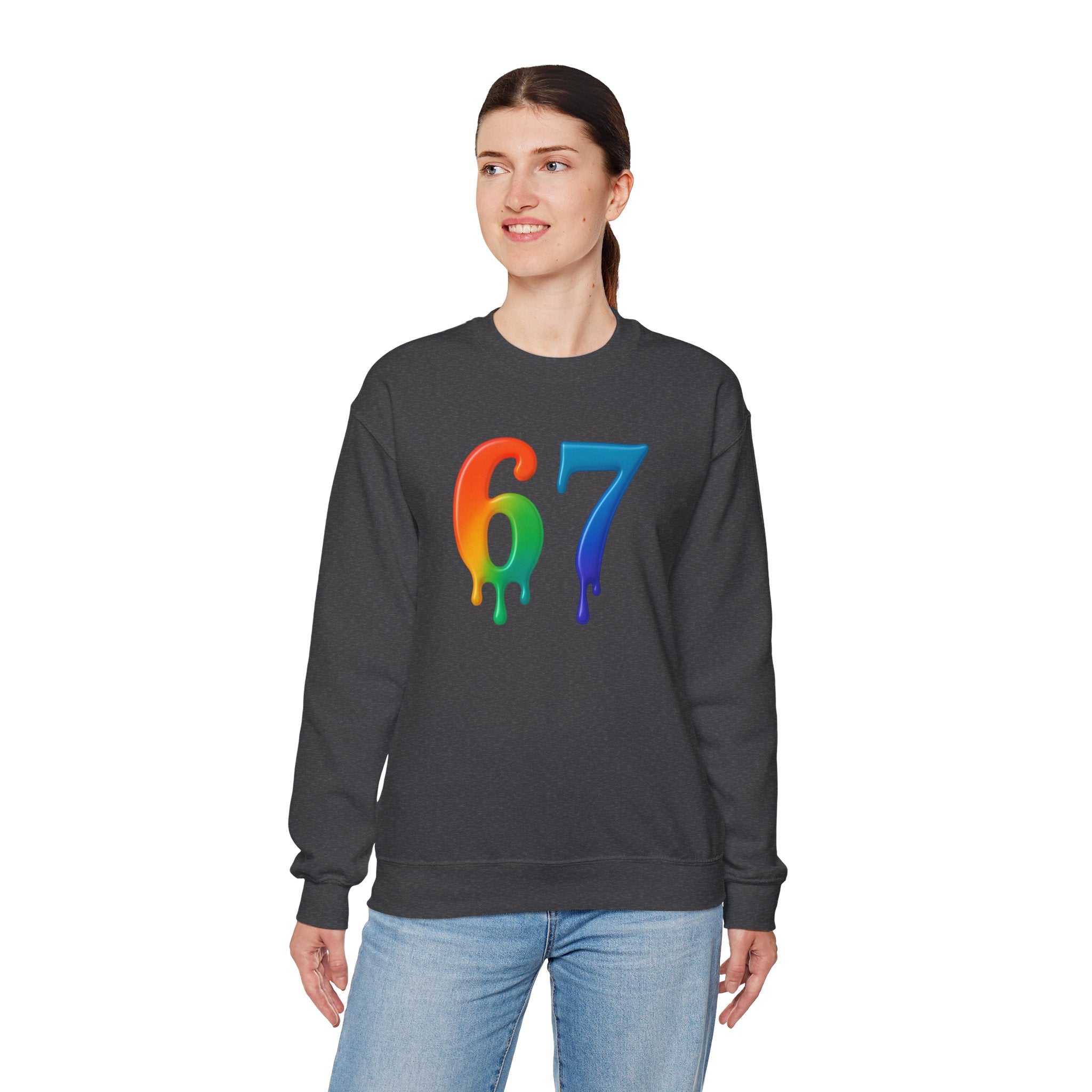 Colorful Drip 67 Sweatshirt, Cozy Unisex Crewneck, Gift for Friends, Rainbow Sweatshirt, Casual Everyday Wear, Birthday Apparel