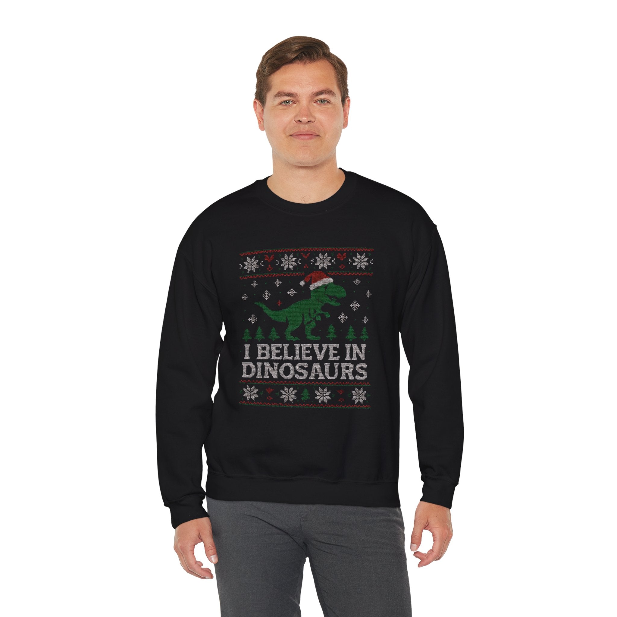 Festive Dinosaur Sweatshirt - I Believe in Dinosaurs, Unisex Crewneck, Christmas Gift, Holiday Apparel, Year-Round Fun