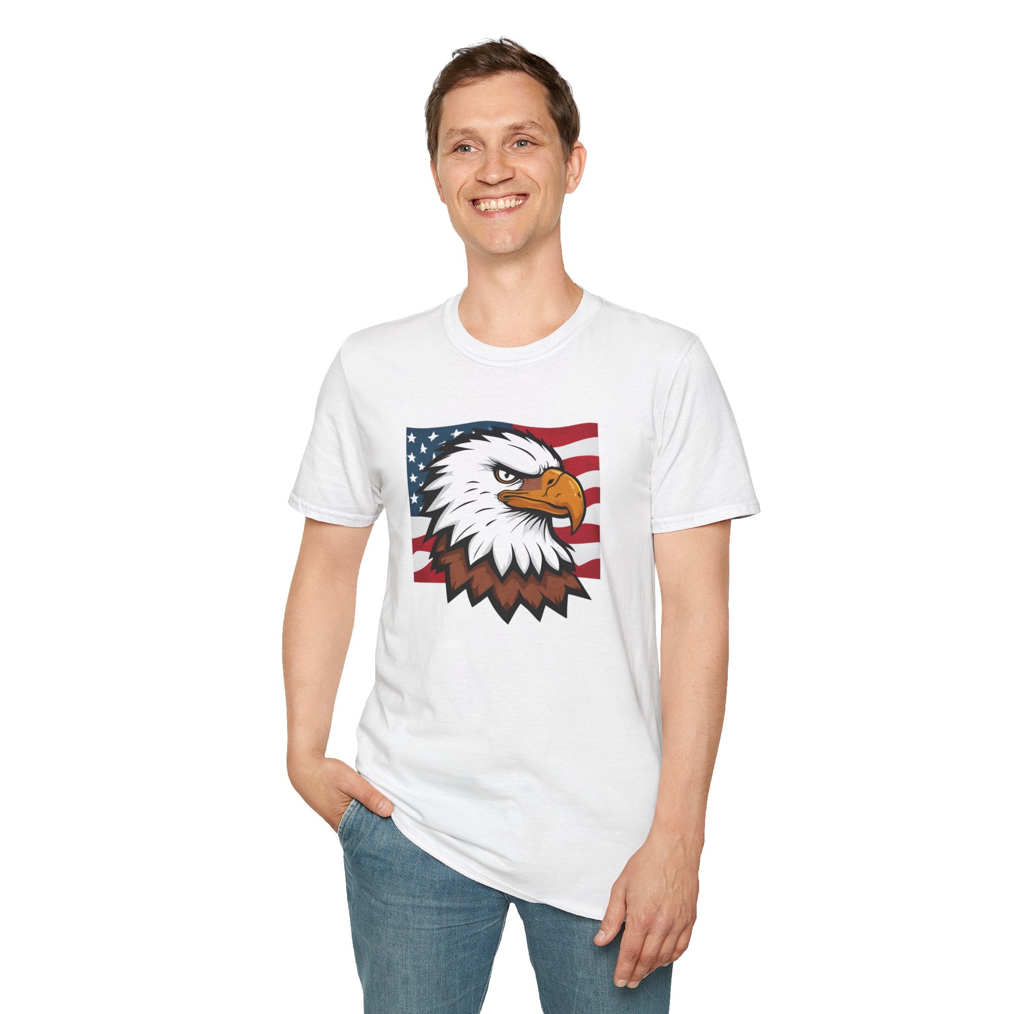 Patriotic Eagle Graphic T-Shirt, Unisex Softstyle Tee for Independence Day, Casual Wear, Gift for Veterans, American Pride Clothing