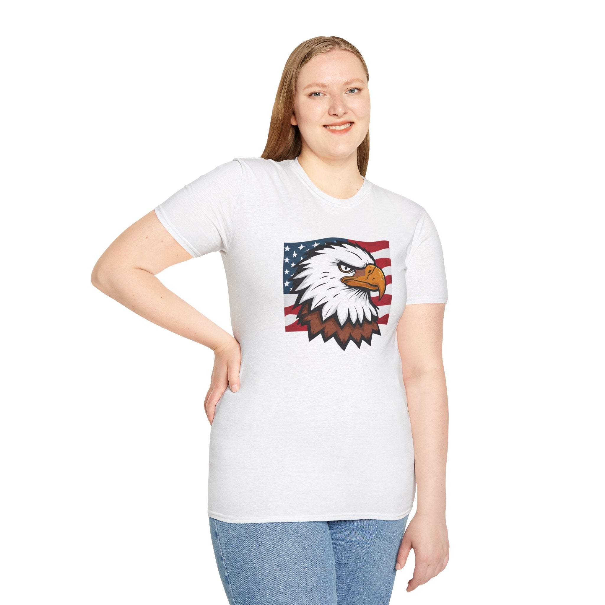 Patriotic Eagle Graphic T-Shirt, Unisex Softstyle Tee for Independence Day, Casual Wear, Gift for Veterans, American Pride Clothing