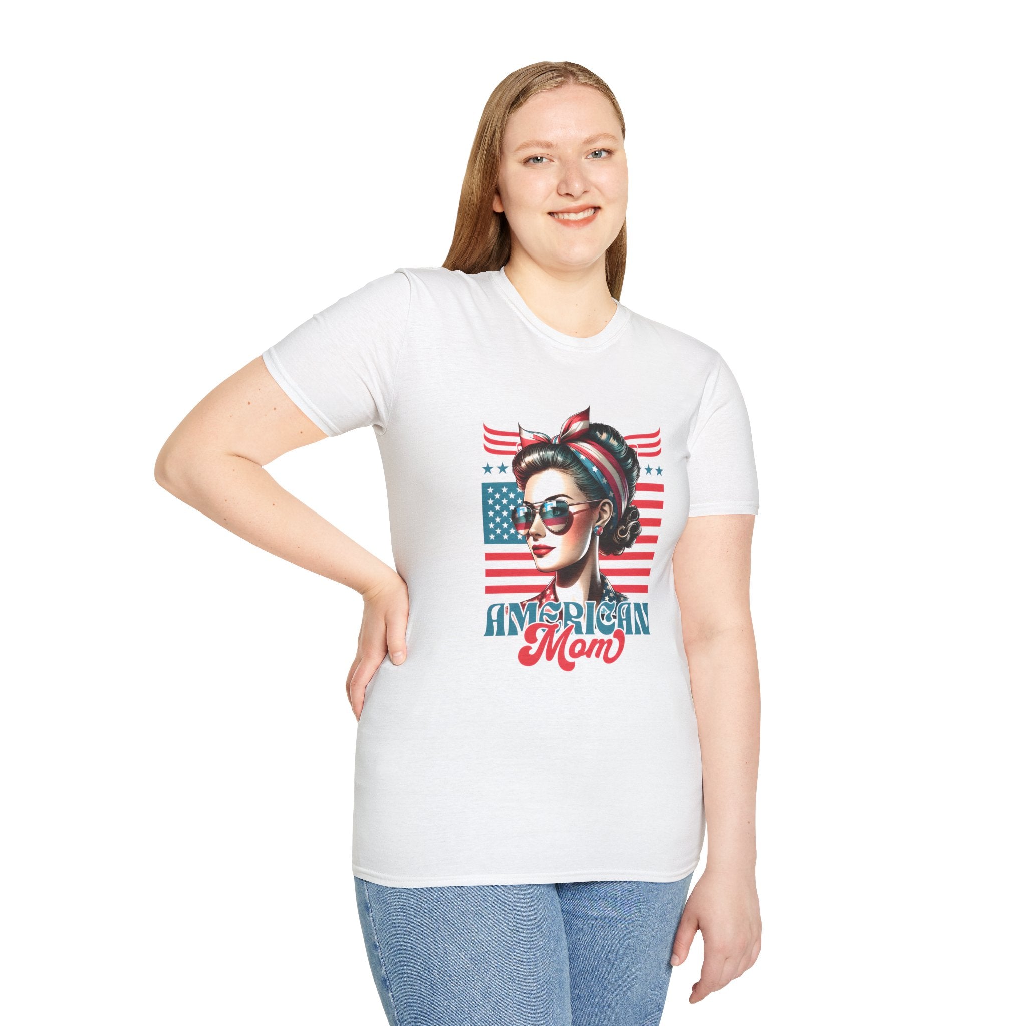 American Mom T-Shirt — Patriotic Retro Rosie Women’s Tee (Stars & Stripes)