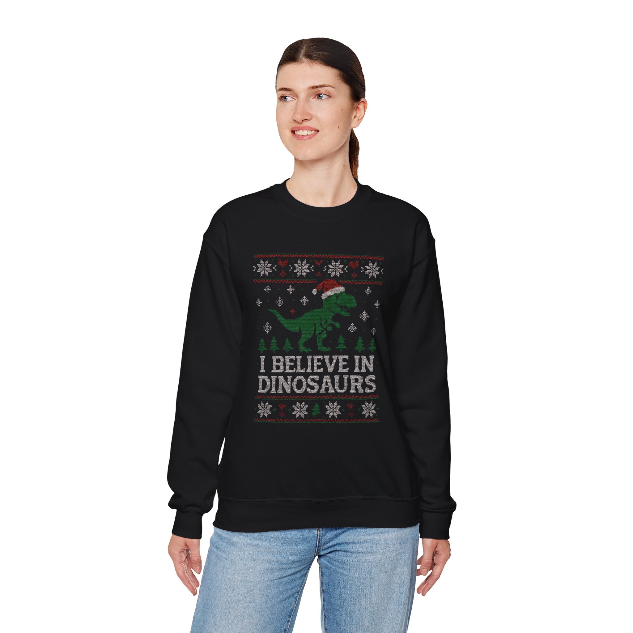 Festive Dinosaur Sweatshirt - I Believe in Dinosaurs, Unisex Crewneck, Christmas Gift, Holiday Apparel, Year-Round Fun