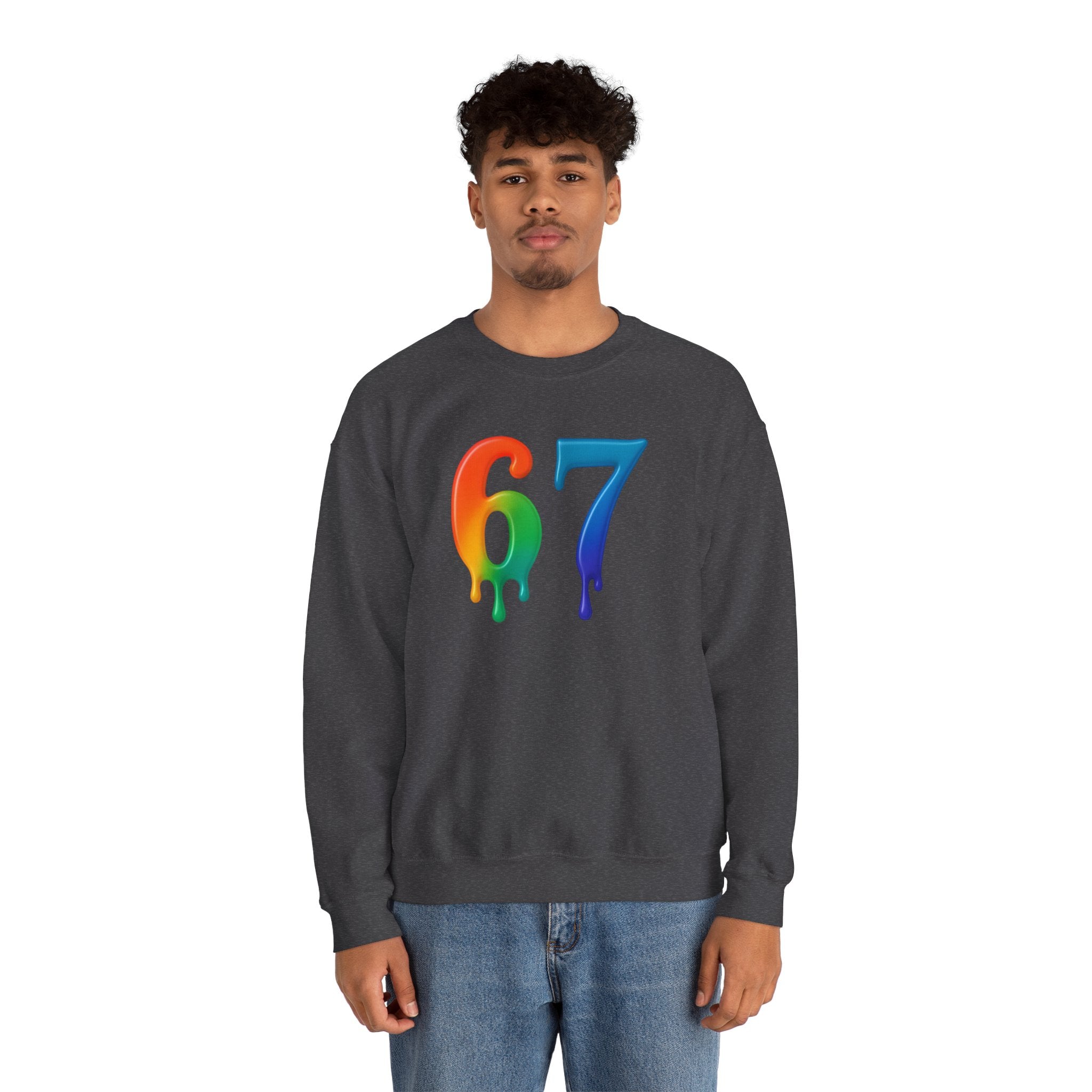 Colorful Drip 67 Sweatshirt, Cozy Unisex Crewneck, Gift for Friends, Rainbow Sweatshirt, Casual Everyday Wear, Birthday Apparel