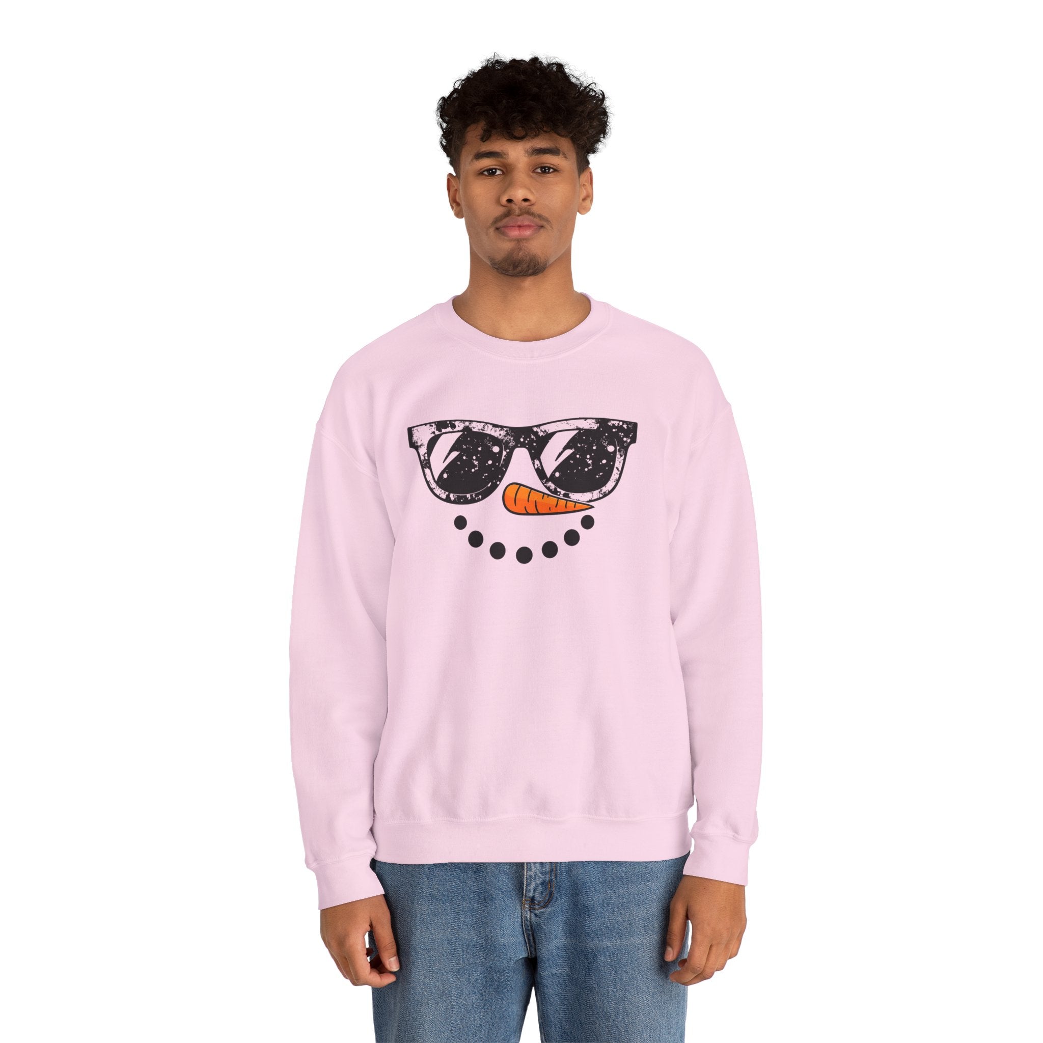 Snowman Face Crewneck Sweatshirt — Sunglasses & Carrot Nose Holiday Sweater