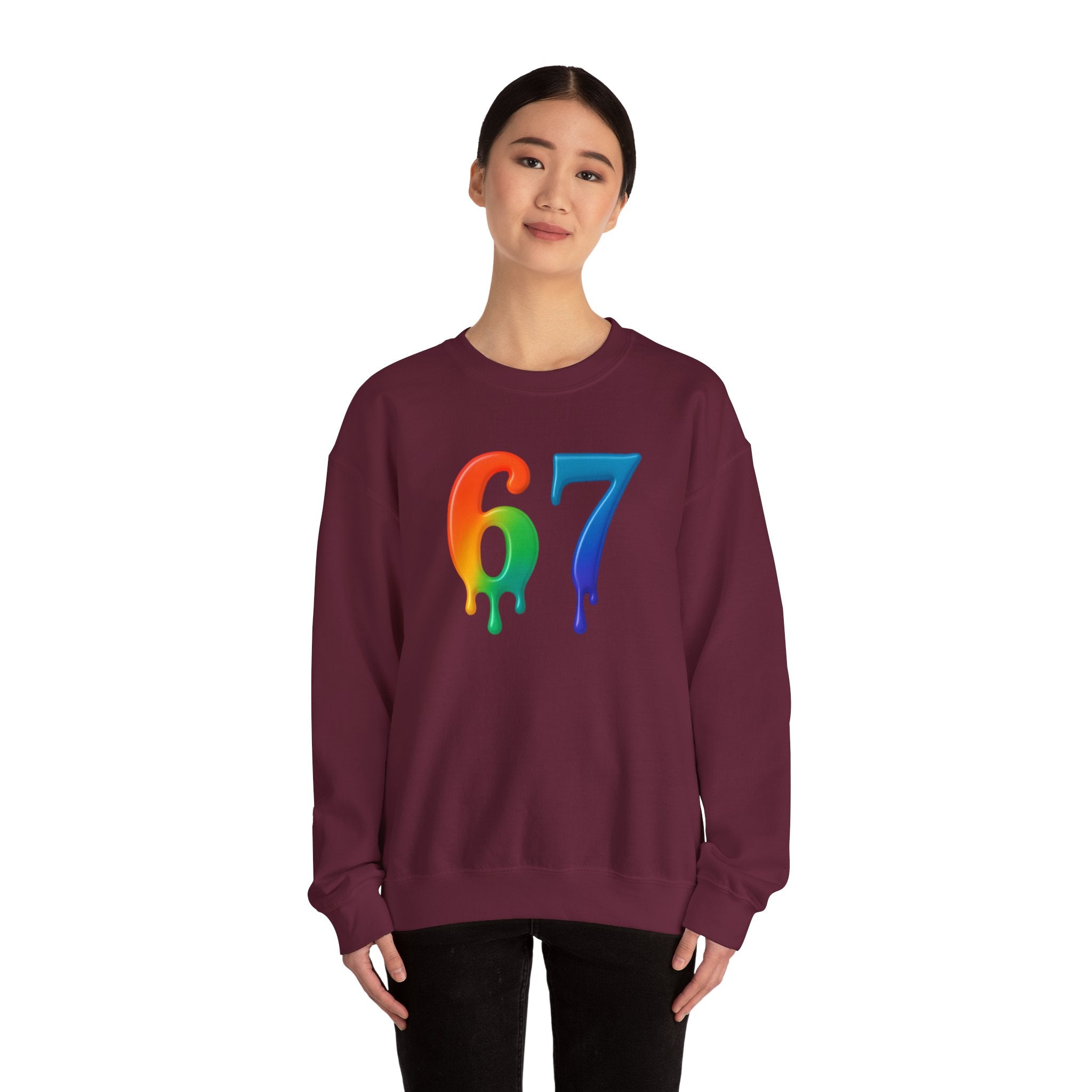 Colorful Drip 67 Sweatshirt, Cozy Unisex Crewneck, Gift for Friends, Rainbow Sweatshirt, Casual Everyday Wear, Birthday Apparel