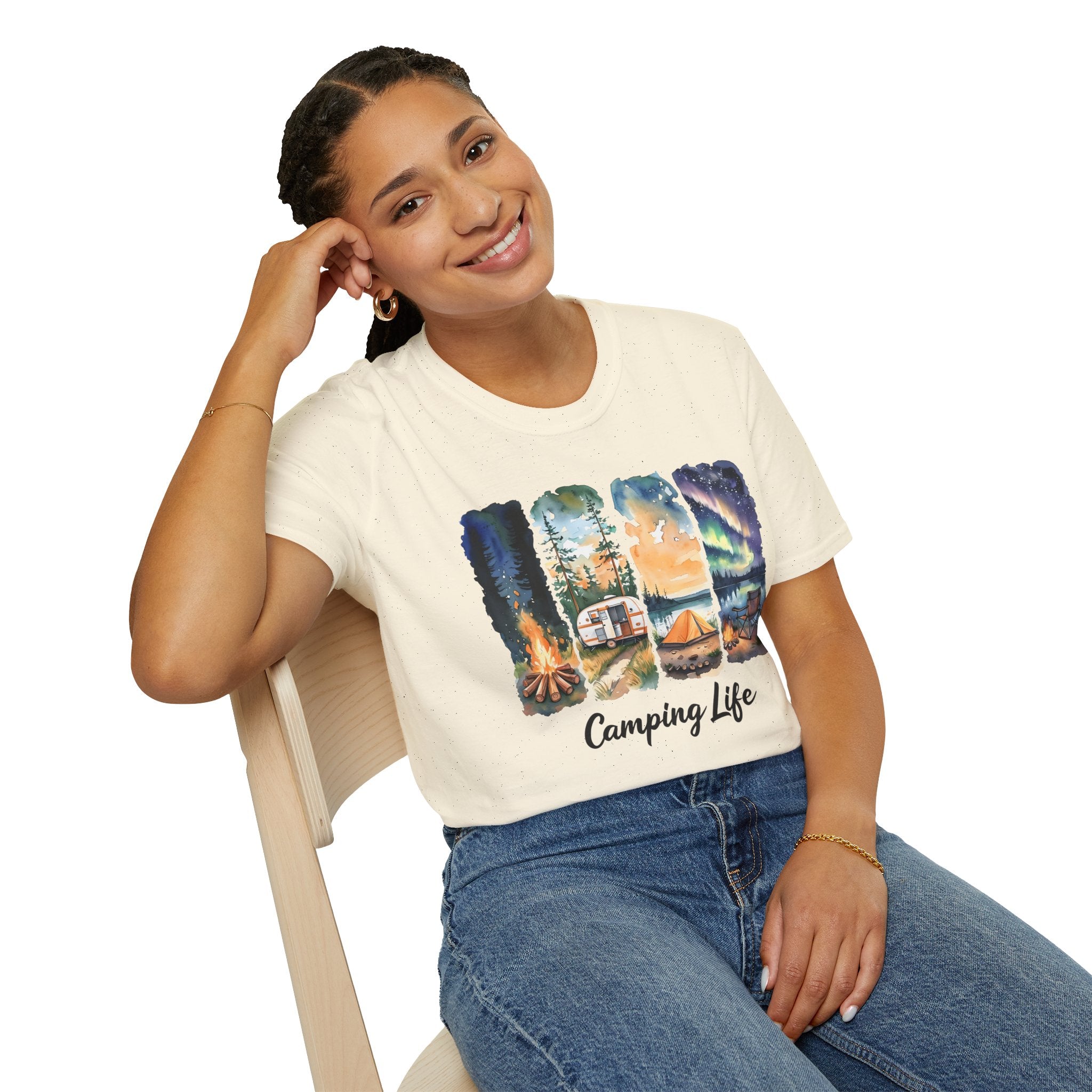 Camping Life T‑Shirt — Retro Campsite Scenes (Campfire, Trailer, Tent, Northern Lights)