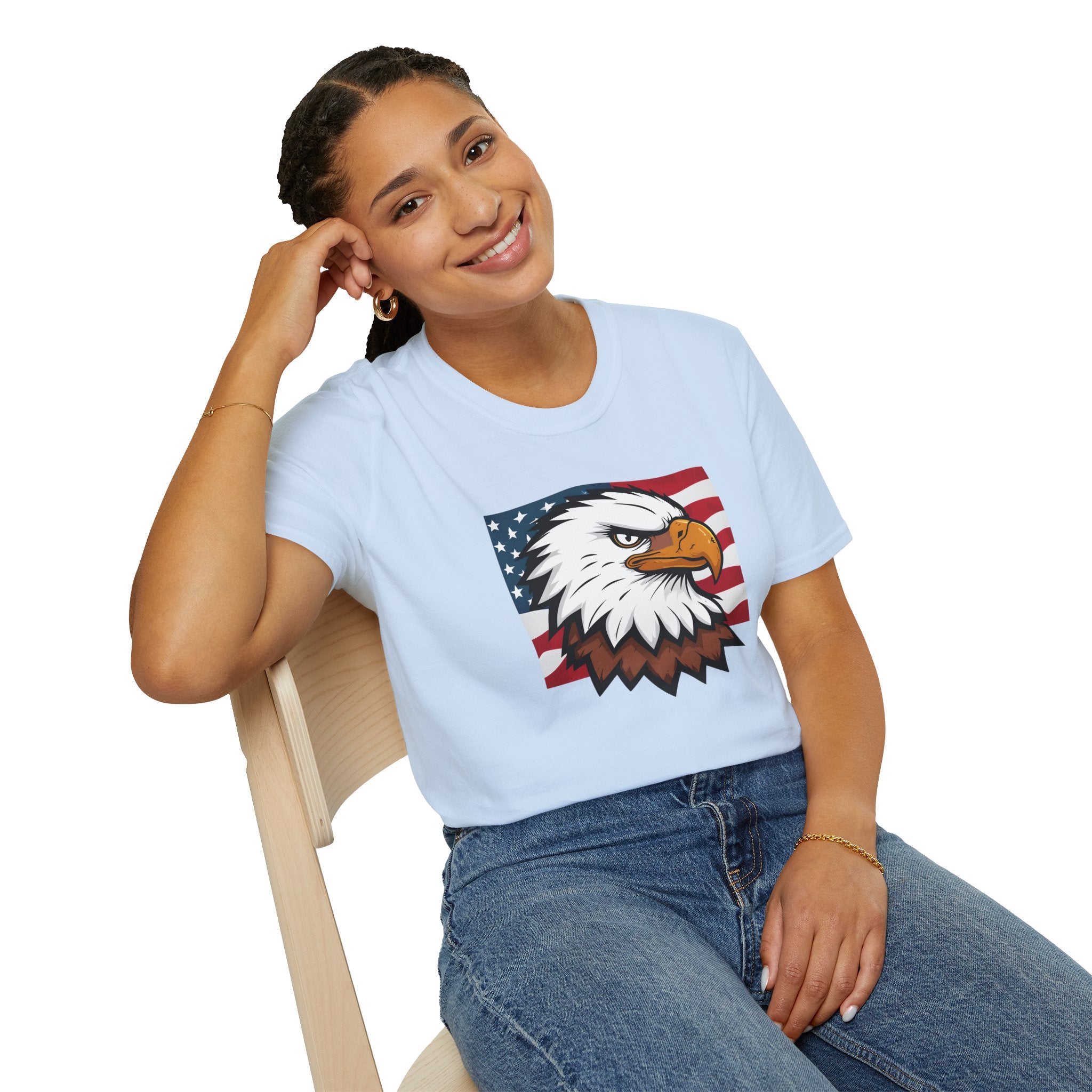 Patriotic Eagle Graphic T-Shirt, Unisex Softstyle Tee for Independence Day, Casual Wear, Gift for Veterans, American Pride Clothing