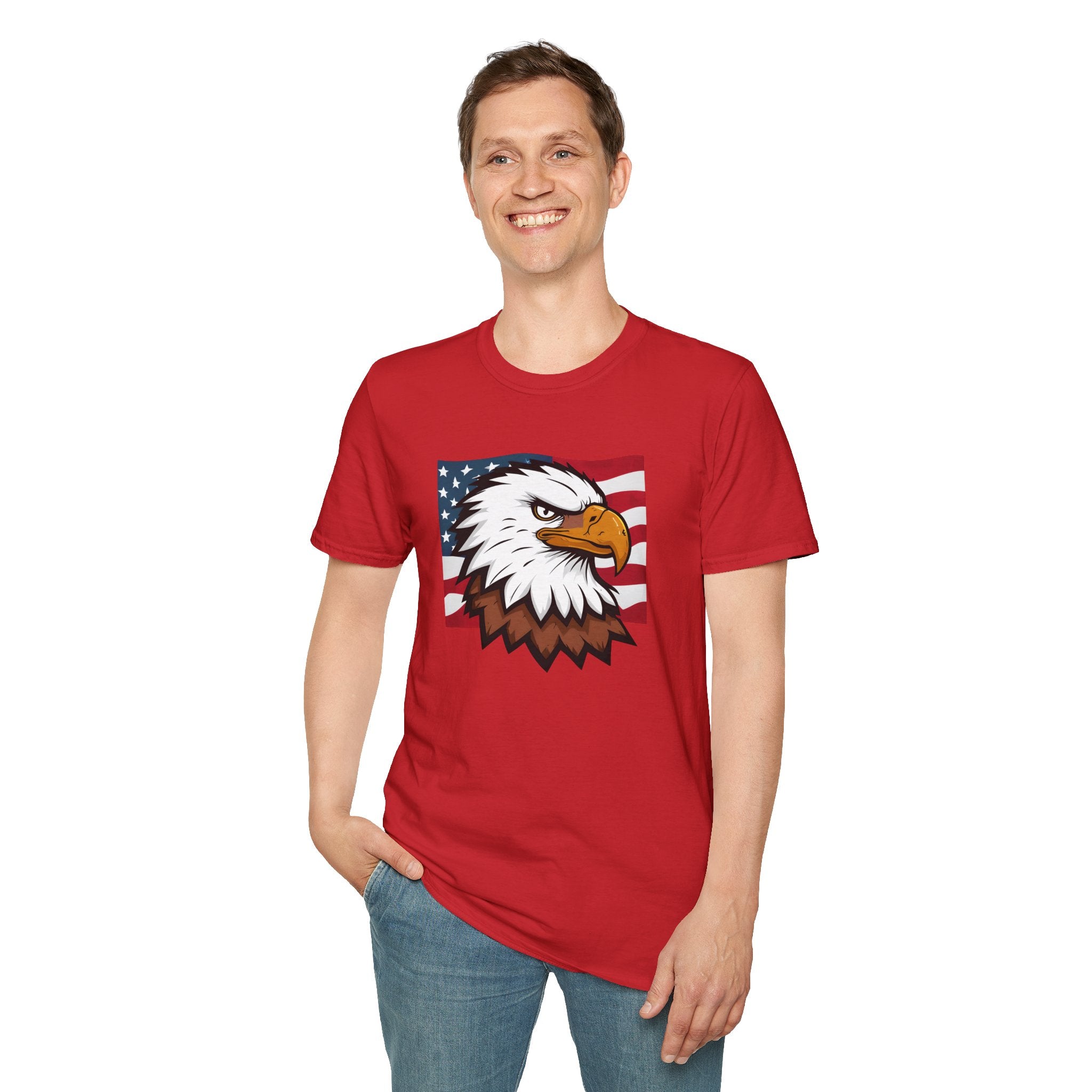 Patriotic Eagle Graphic T-Shirt, Unisex Softstyle Tee for Independence Day, Casual Wear, Gift for Veterans, American Pride Clothing