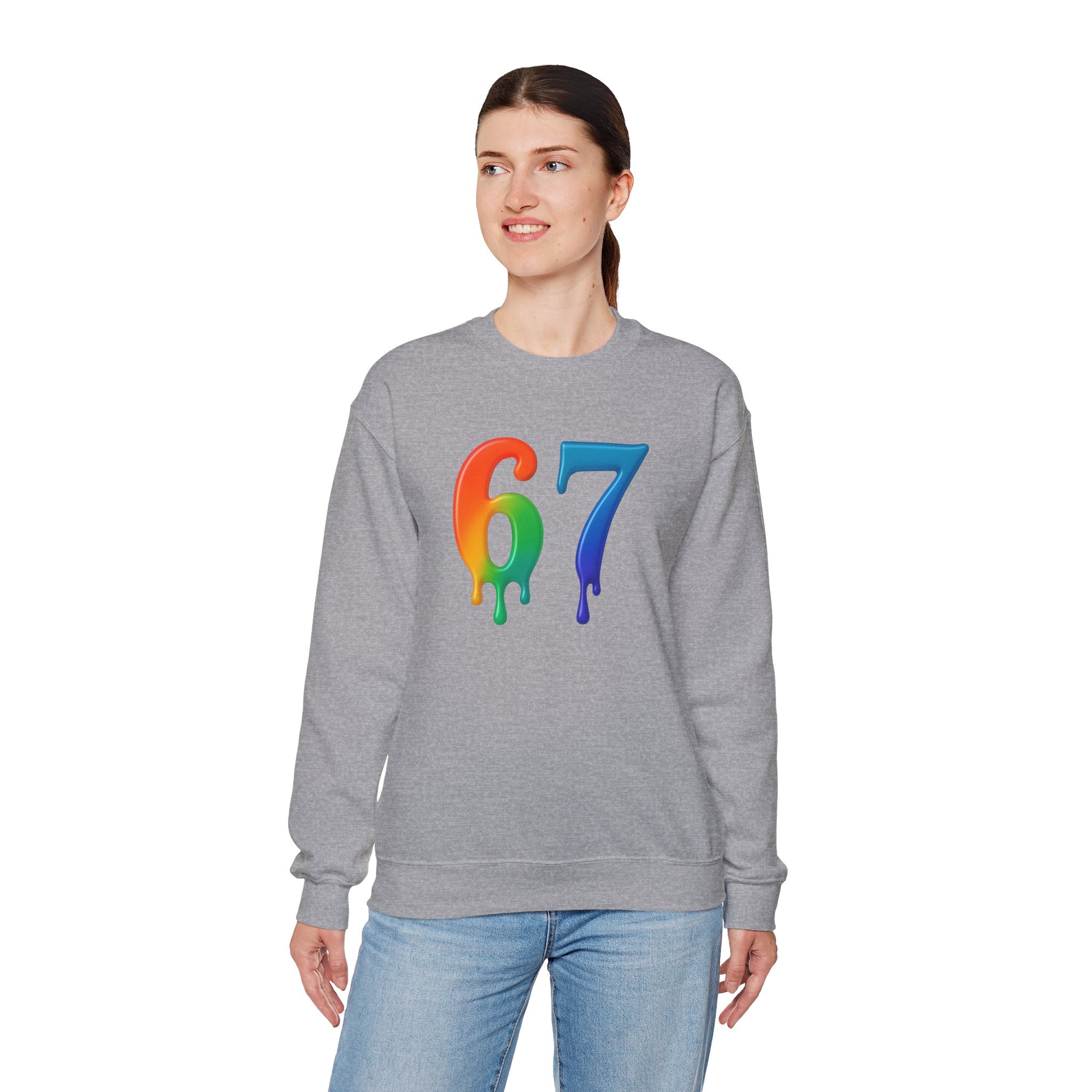 Colorful Drip 67 Sweatshirt, Cozy Unisex Crewneck, Gift for Friends, Rainbow Sweatshirt, Casual Everyday Wear, Birthday Apparel