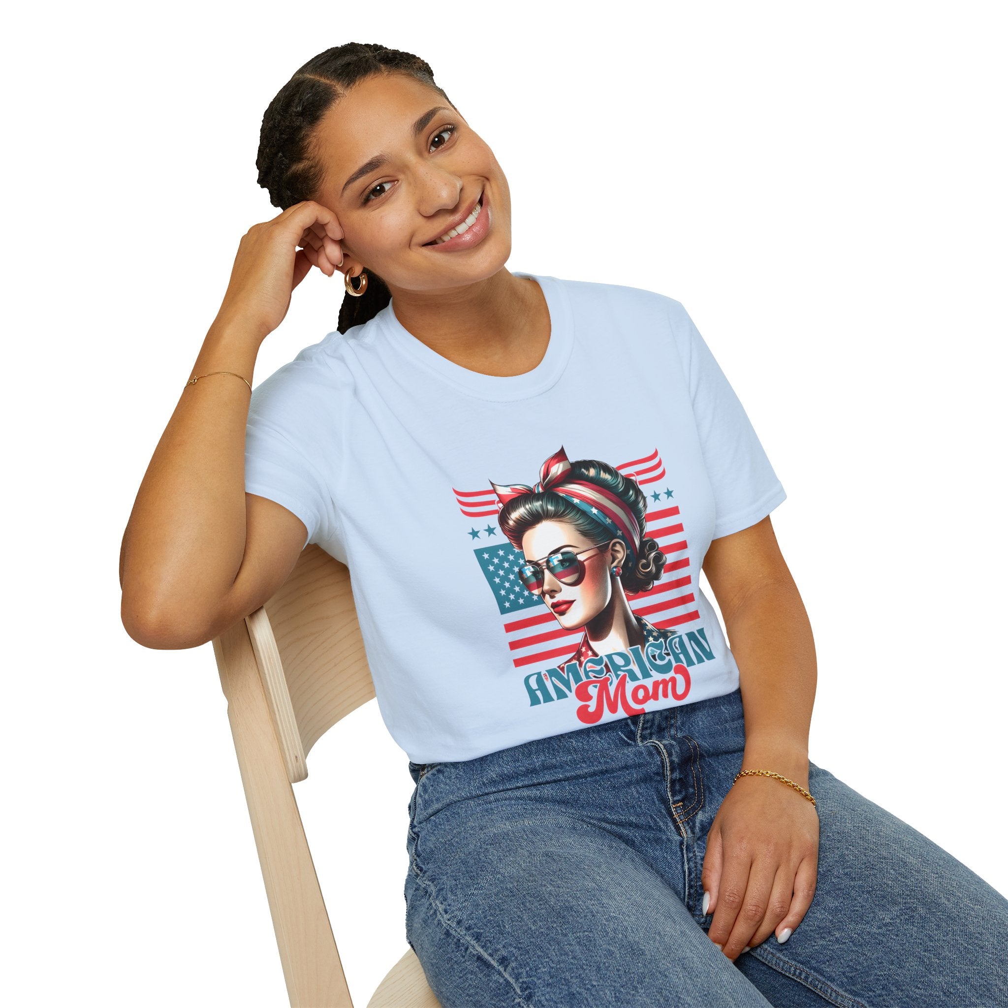 American Mom T-Shirt — Patriotic Retro Rosie Women’s Tee (Stars & Stripes)