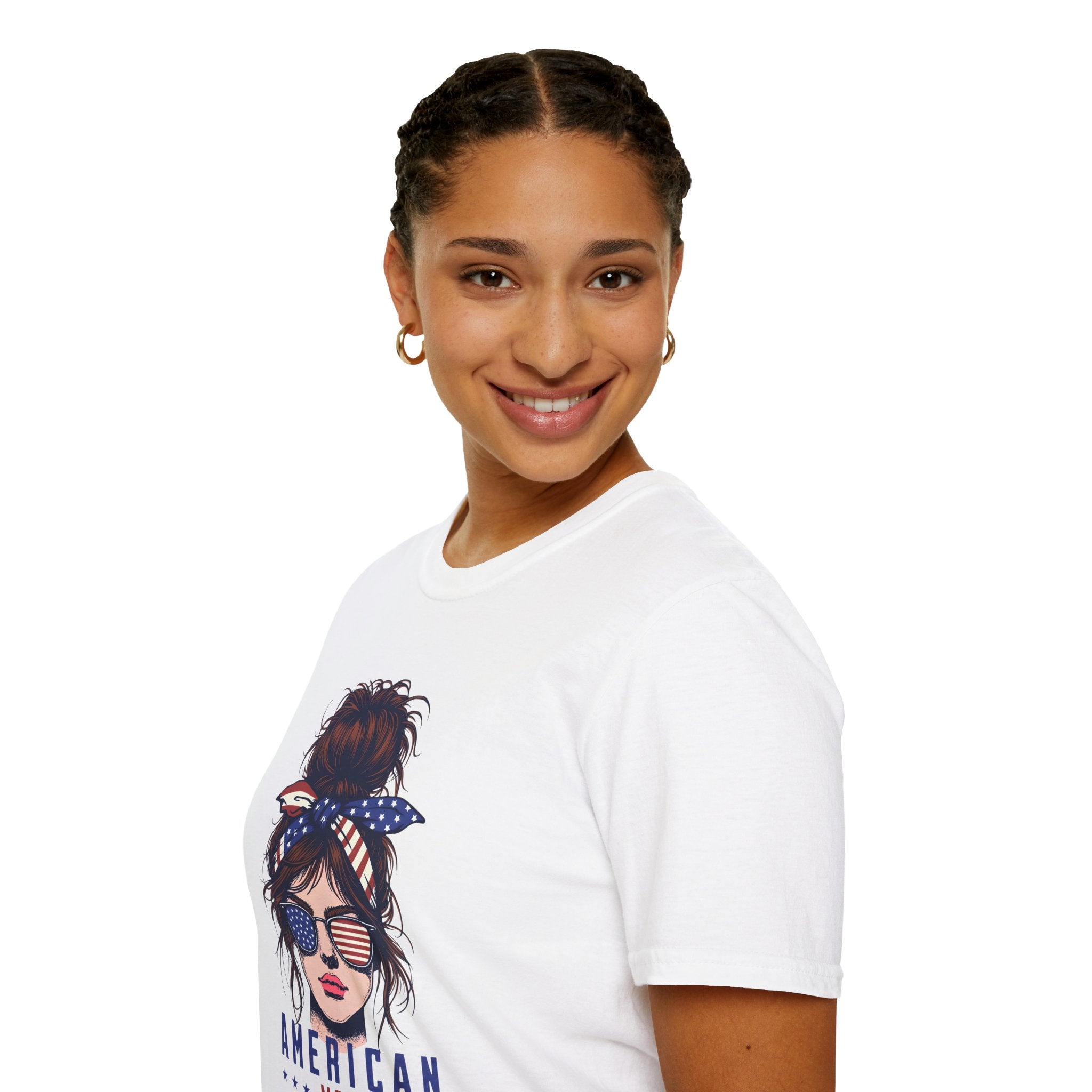 American Mom T-Shirt — Patriotic Messy Bun Sunglasses Tee