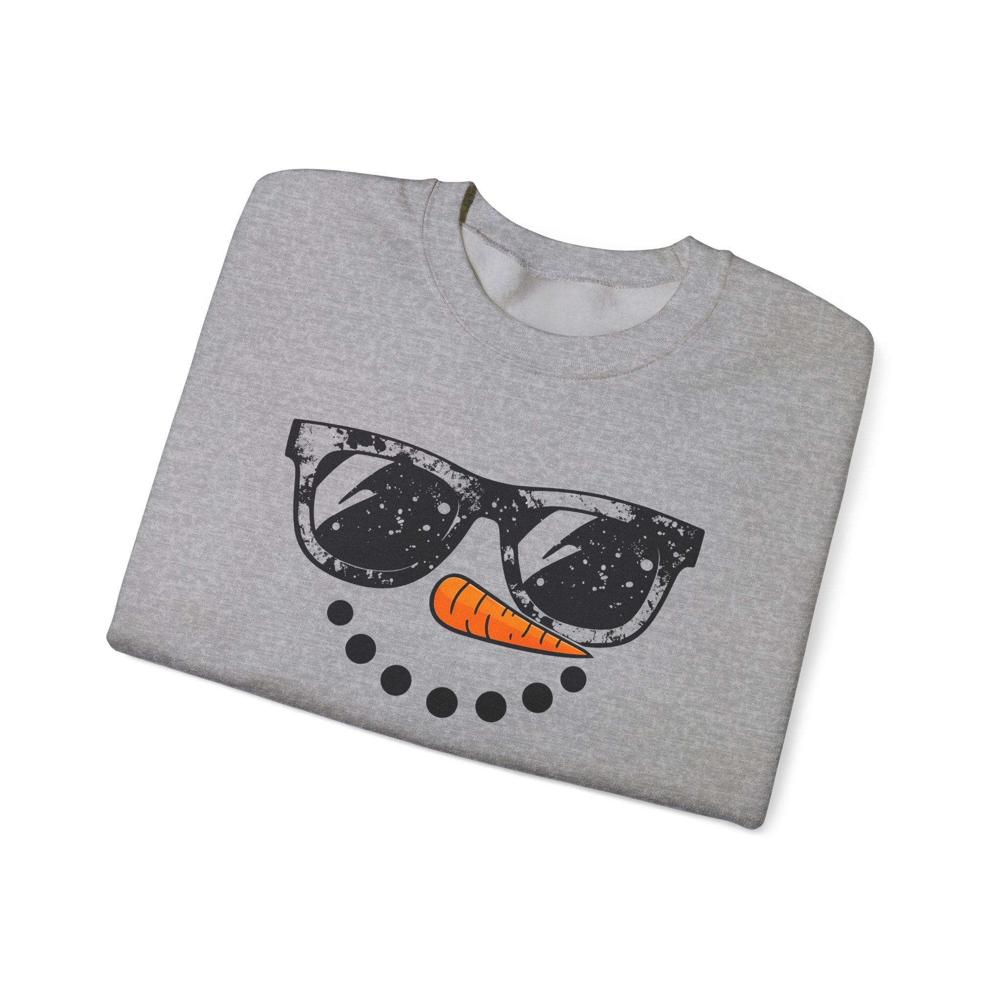 Snowman Face Crewneck Sweatshirt — Sunglasses & Carrot Nose Holiday Sweater