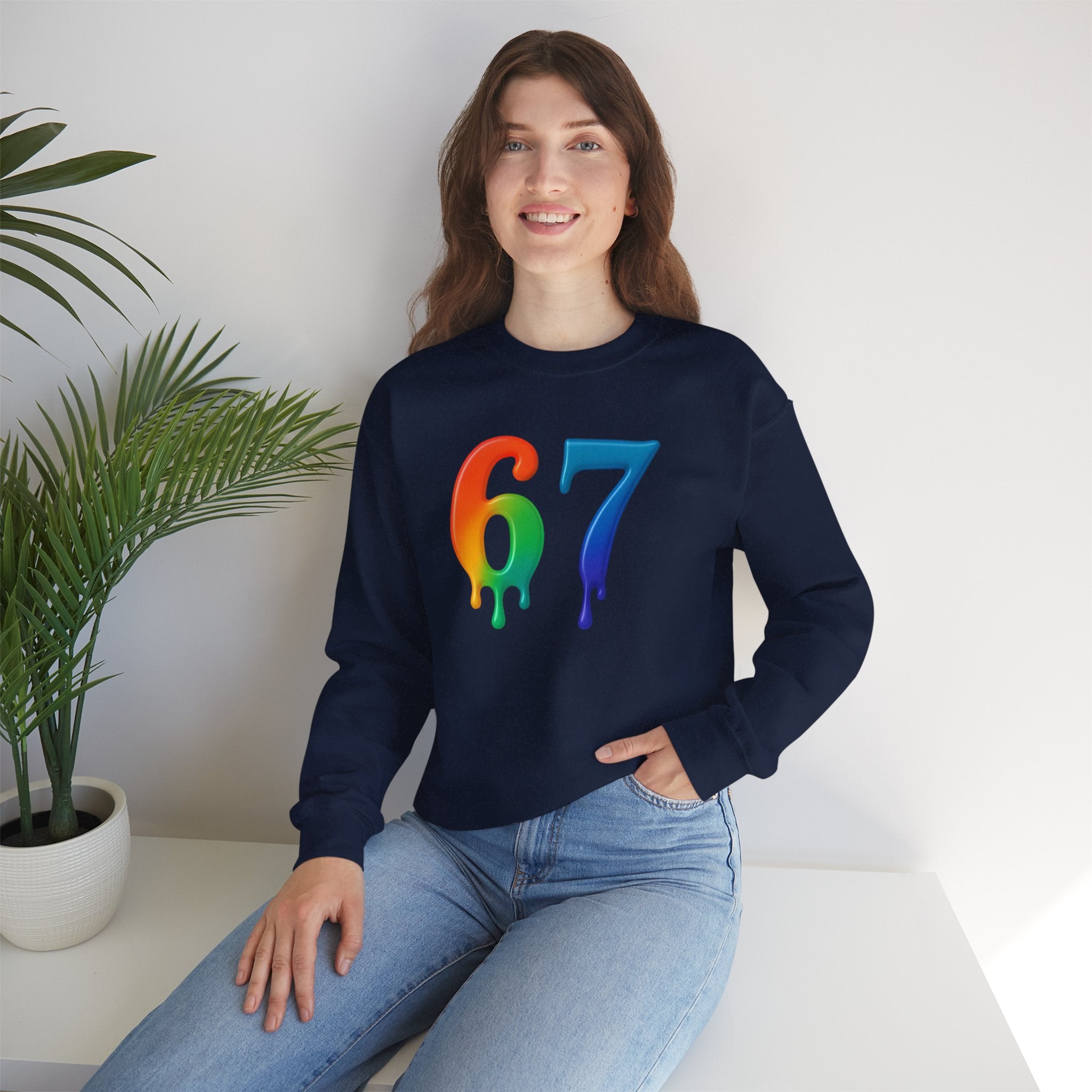 Colorful Drip 67 Sweatshirt, Cozy Unisex Crewneck, Gift for Friends, Rainbow Sweatshirt, Casual Everyday Wear, Birthday Apparel