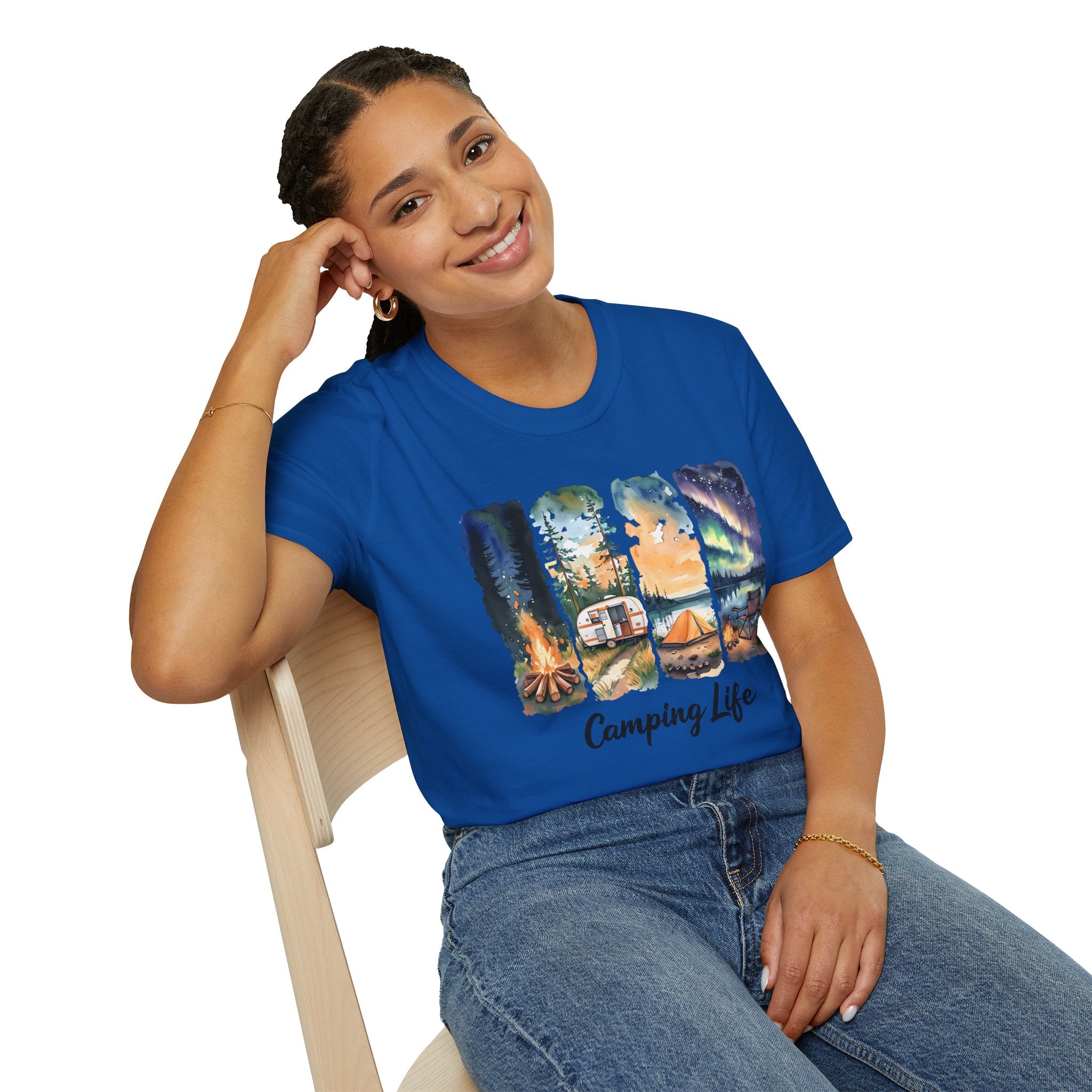 Camping Life T‑Shirt — Retro Campsite Scenes (Campfire, Trailer, Tent, Northern Lights)