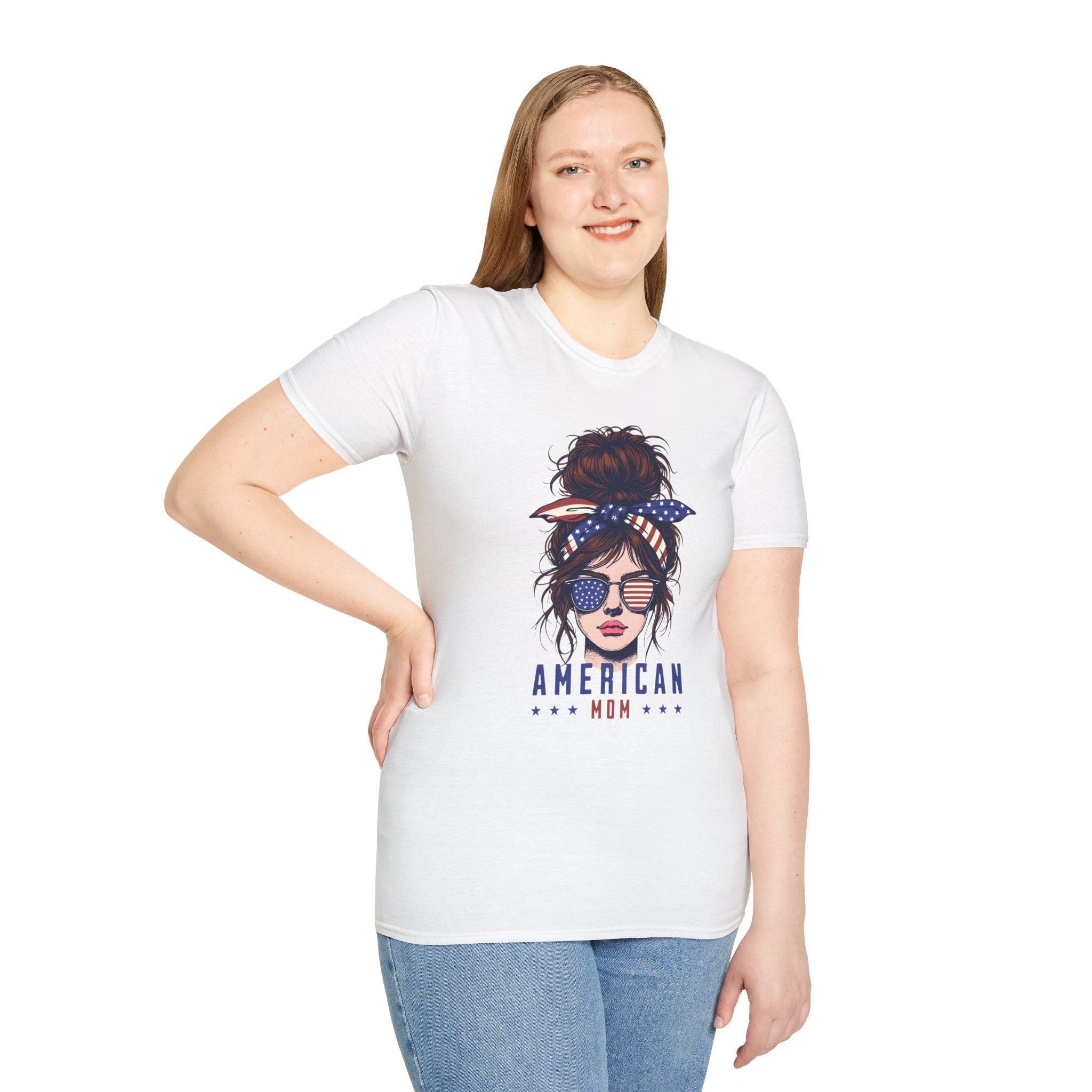 American Mom T-Shirt — Patriotic Messy Bun Sunglasses Tee