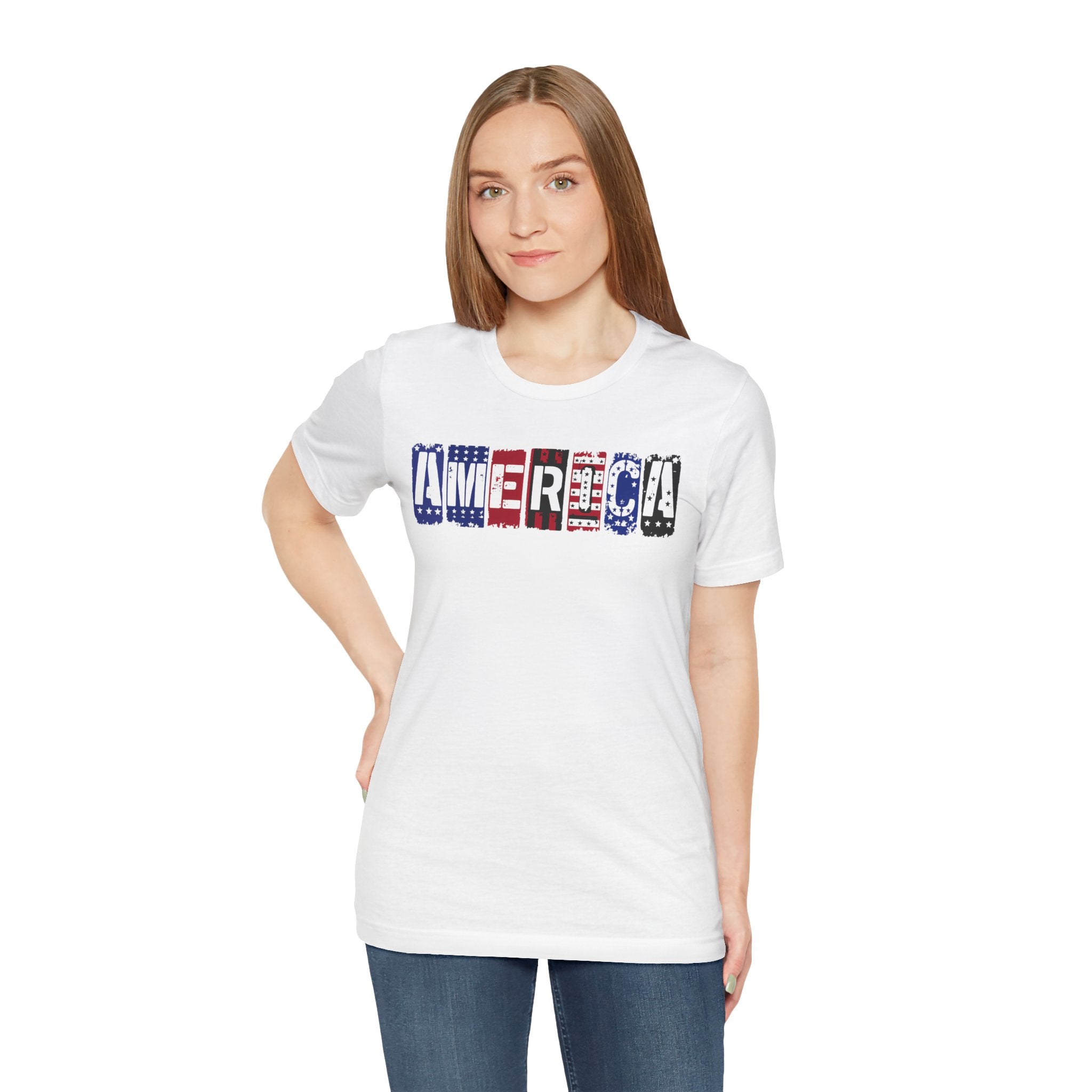 America Block Letter Tee – Patriotic USA Flag Graphic T-Shirt