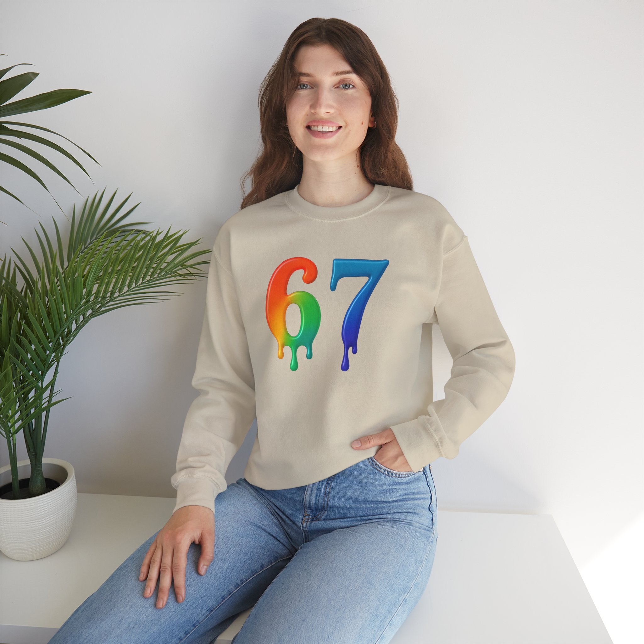 Colorful Drip 67 Sweatshirt, Cozy Unisex Crewneck, Gift for Friends, Rainbow Sweatshirt, Casual Everyday Wear, Birthday Apparel