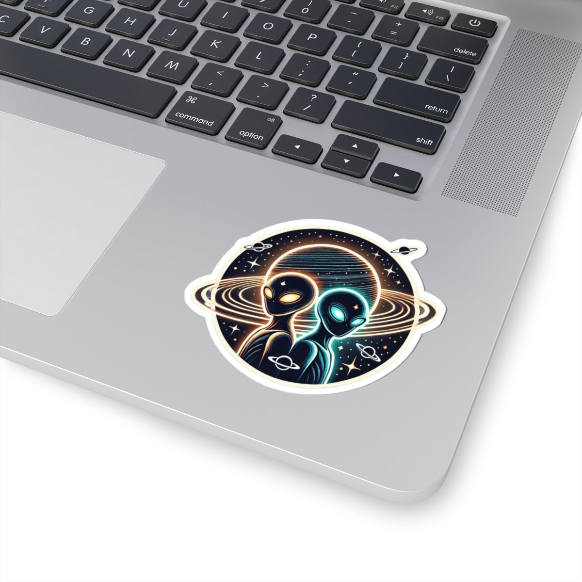 Alien Twins Planet Sticker — Neon Space Kiss-Cut Decal for Laptops & Water Bottles