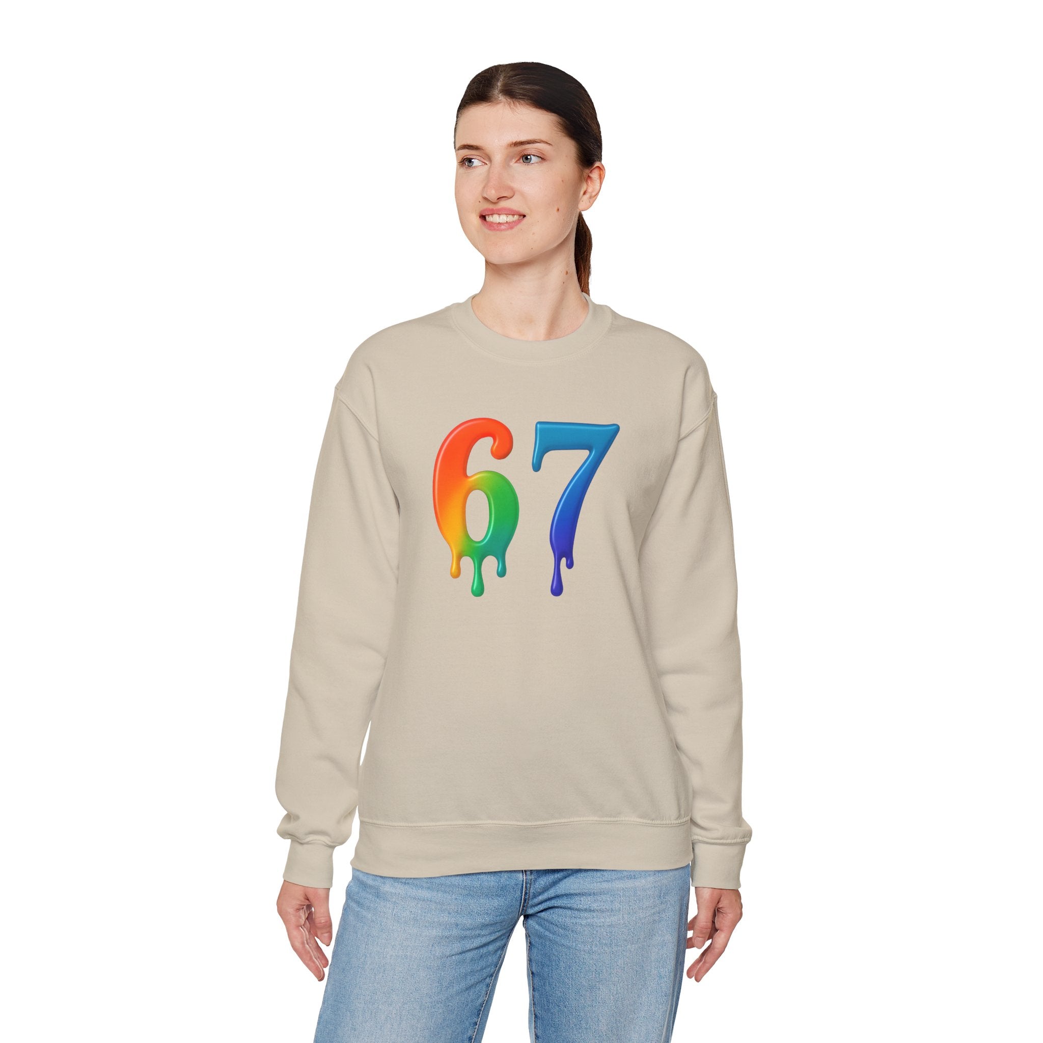 Colorful Drip 67 Sweatshirt, Cozy Unisex Crewneck, Gift for Friends, Rainbow Sweatshirt, Casual Everyday Wear, Birthday Apparel