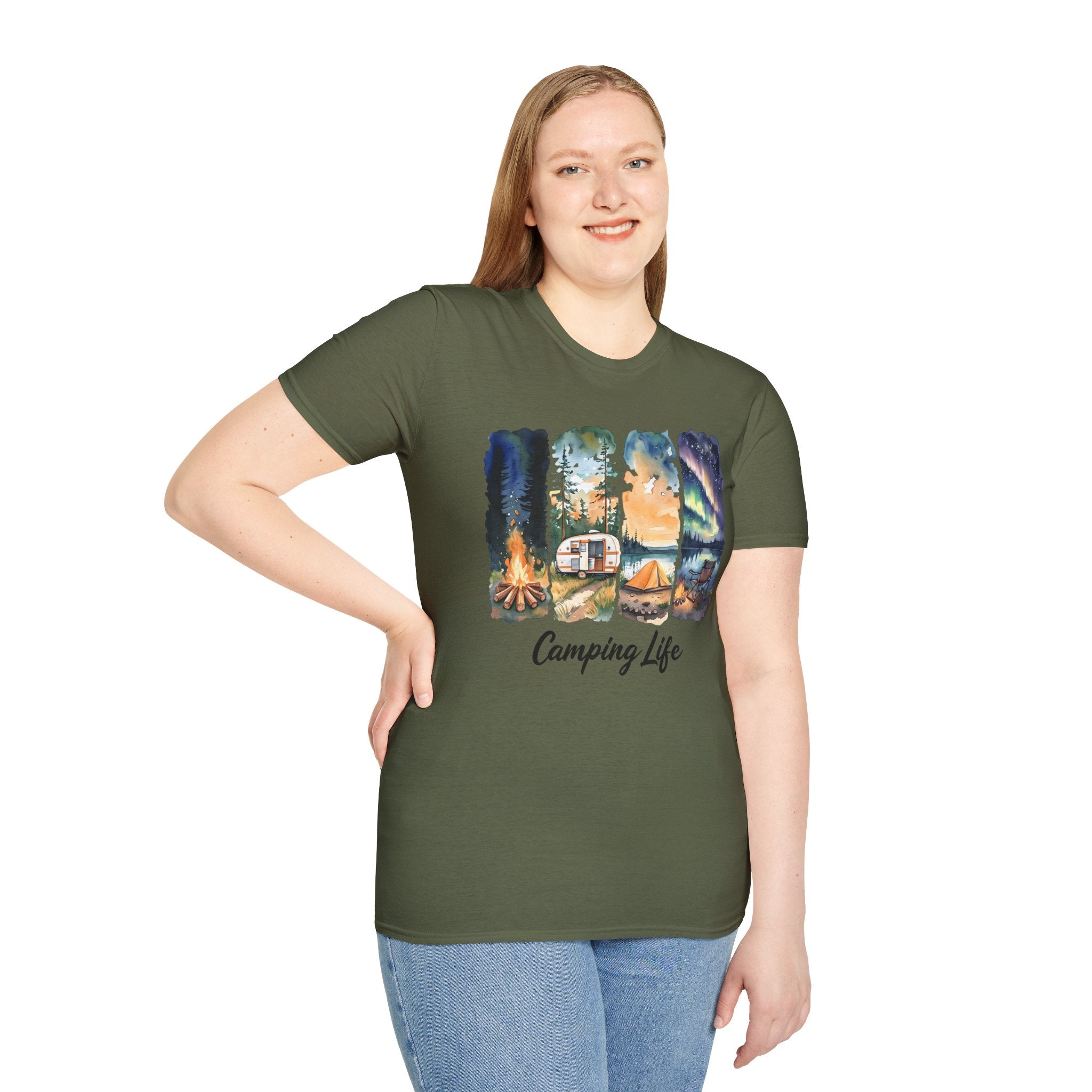Camping Life T‑Shirt — Retro Campsite Scenes (Campfire, Trailer, Tent, Northern Lights)