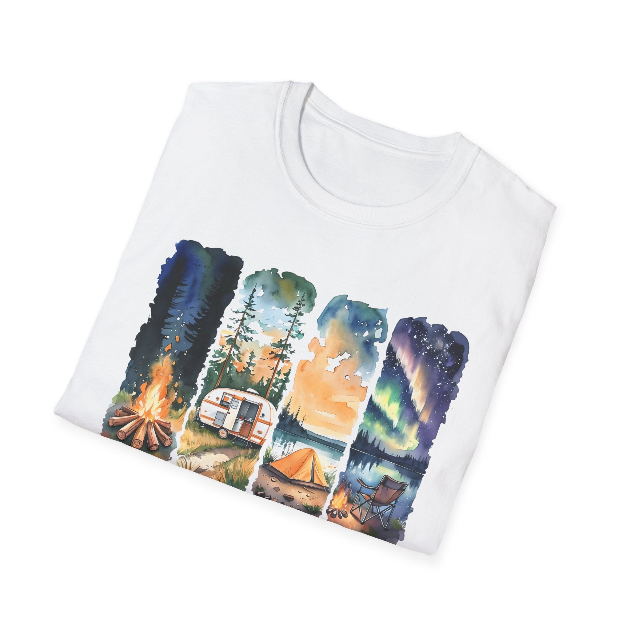 Camping Life T‑Shirt — Retro Campsite Scenes (Campfire, Trailer, Tent, Northern Lights)