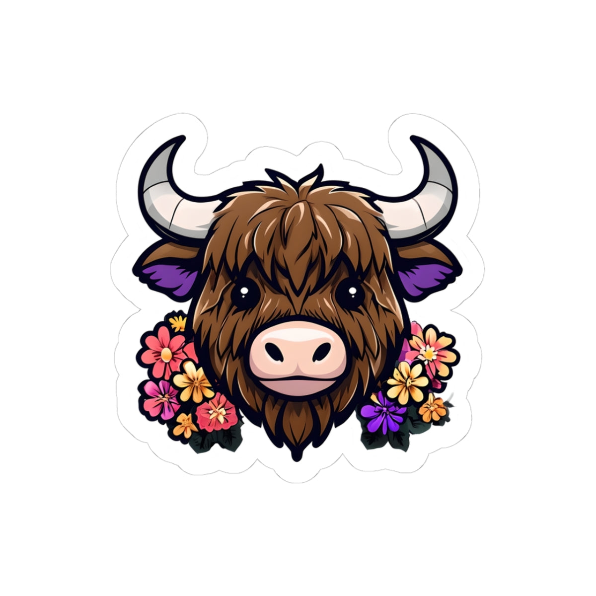 Adorable Highland Cow Kiss-Cut Stickers with Floral Accents