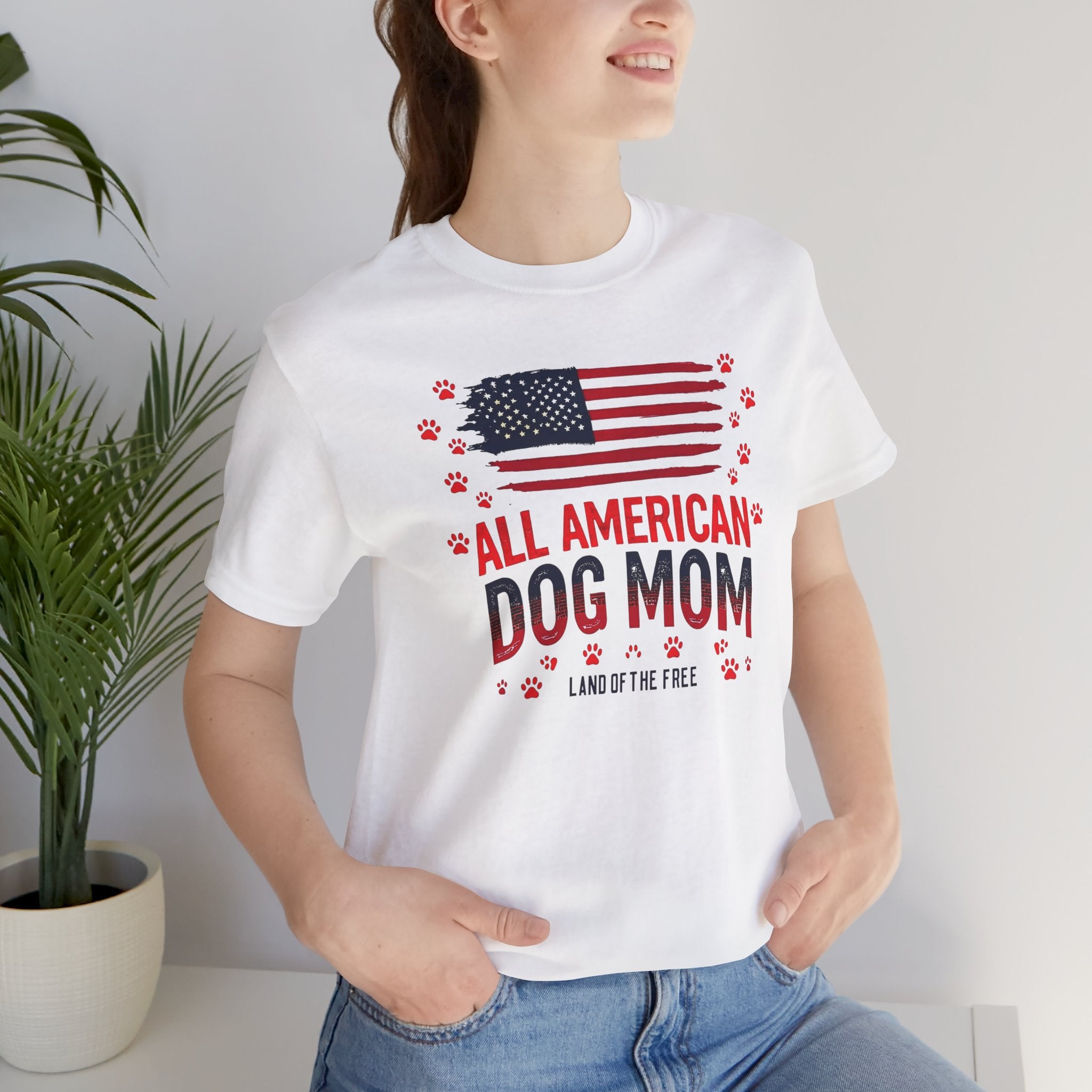 All American Dog Mom T-Shirt – Patriotic ‘Land of the Free’ Dog Mom Tee