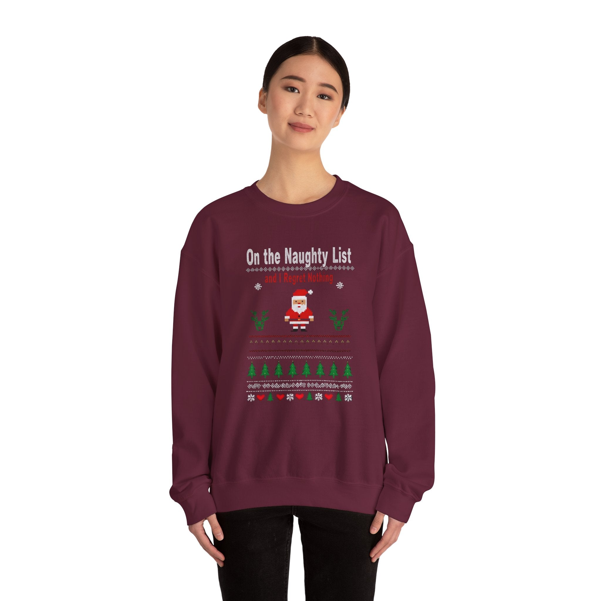 Festive Humor Sweatshirt: On the Naughty List, Christmas Gift, Holiday Apparel, Cozy Crewneck, Unisex Sweatshirt