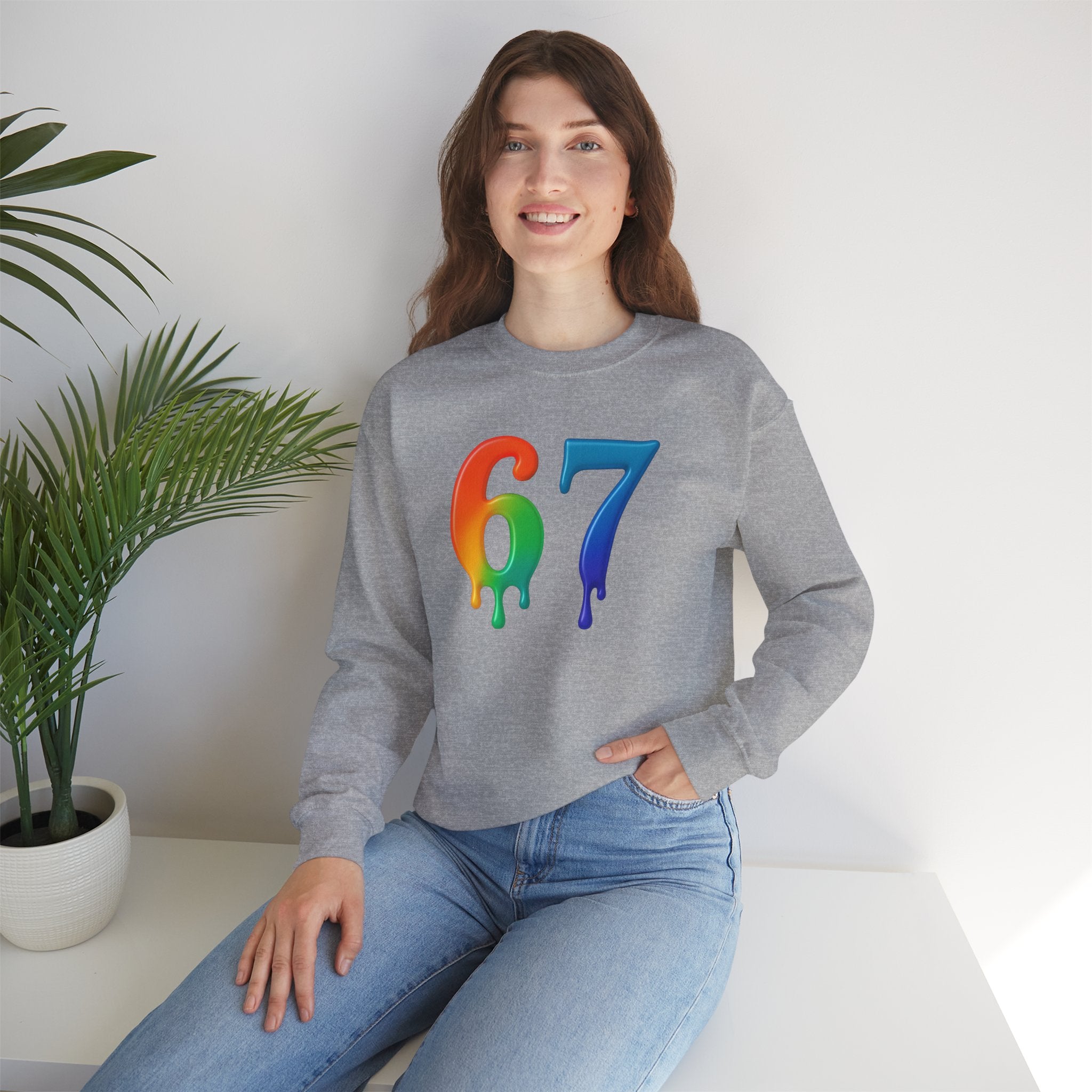 Colorful Drip 67 Sweatshirt, Cozy Unisex Crewneck, Gift for Friends, Rainbow Sweatshirt, Casual Everyday Wear, Birthday Apparel