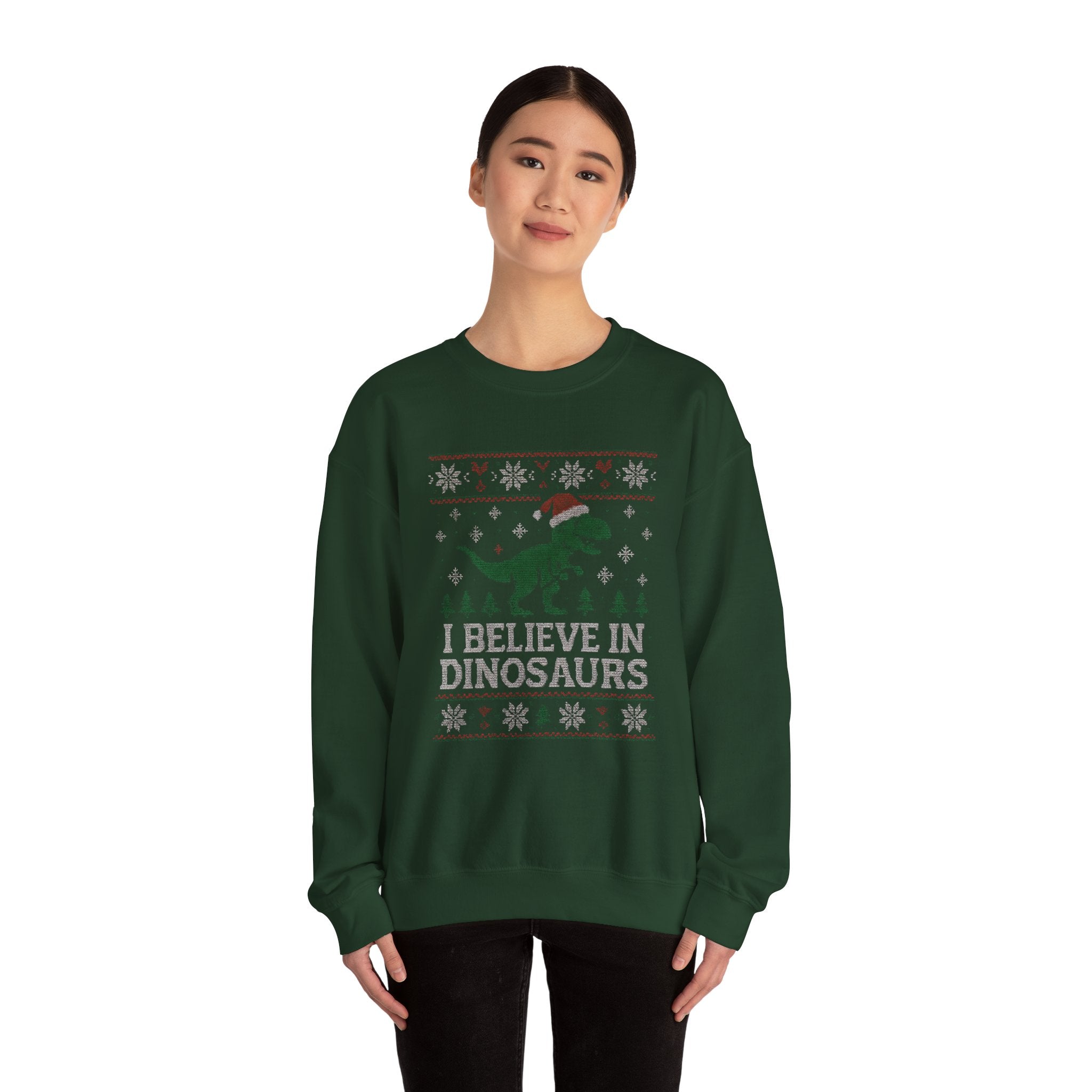 Festive Dinosaur Sweatshirt - I Believe in Dinosaurs, Unisex Crewneck, Christmas Gift, Holiday Apparel, Year-Round Fun