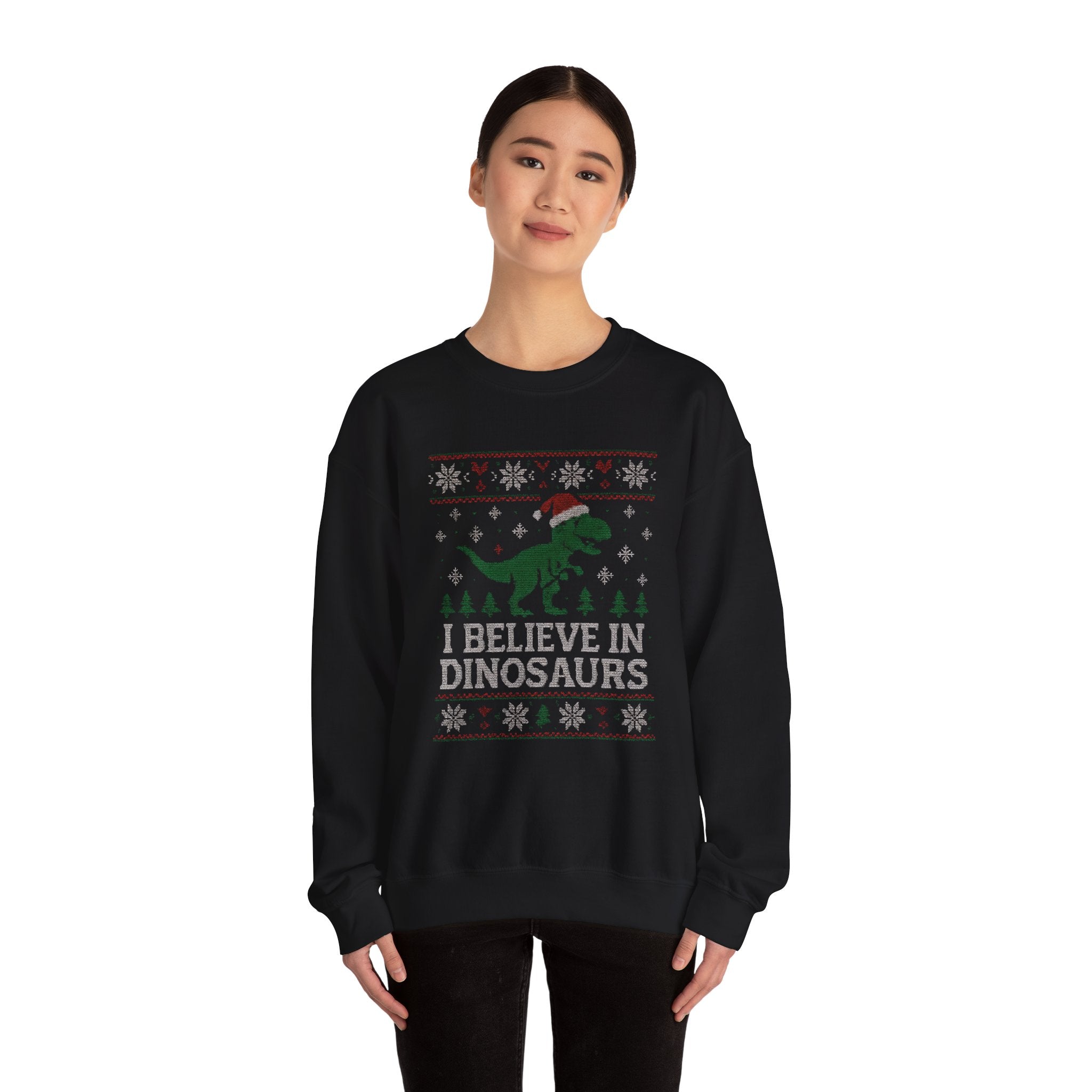 Festive Dinosaur Sweatshirt - I Believe in Dinosaurs, Unisex Crewneck, Christmas Gift, Holiday Apparel, Year-Round Fun