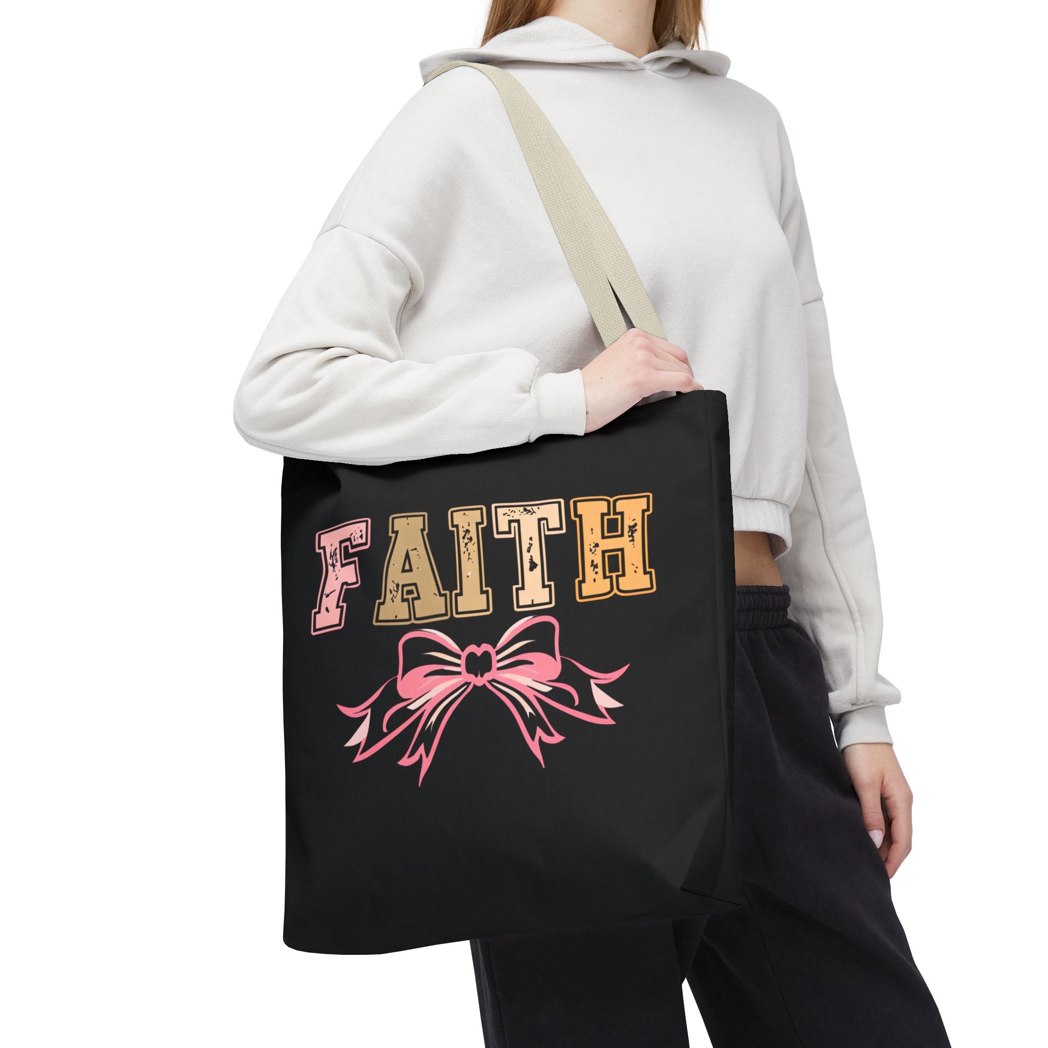 Faith Tote Bag with Bow Design, Inspirational Gift for Her, Everyday Shopping Bag, Faith-Based Gift, Religious Tote, Faith Quote Bag