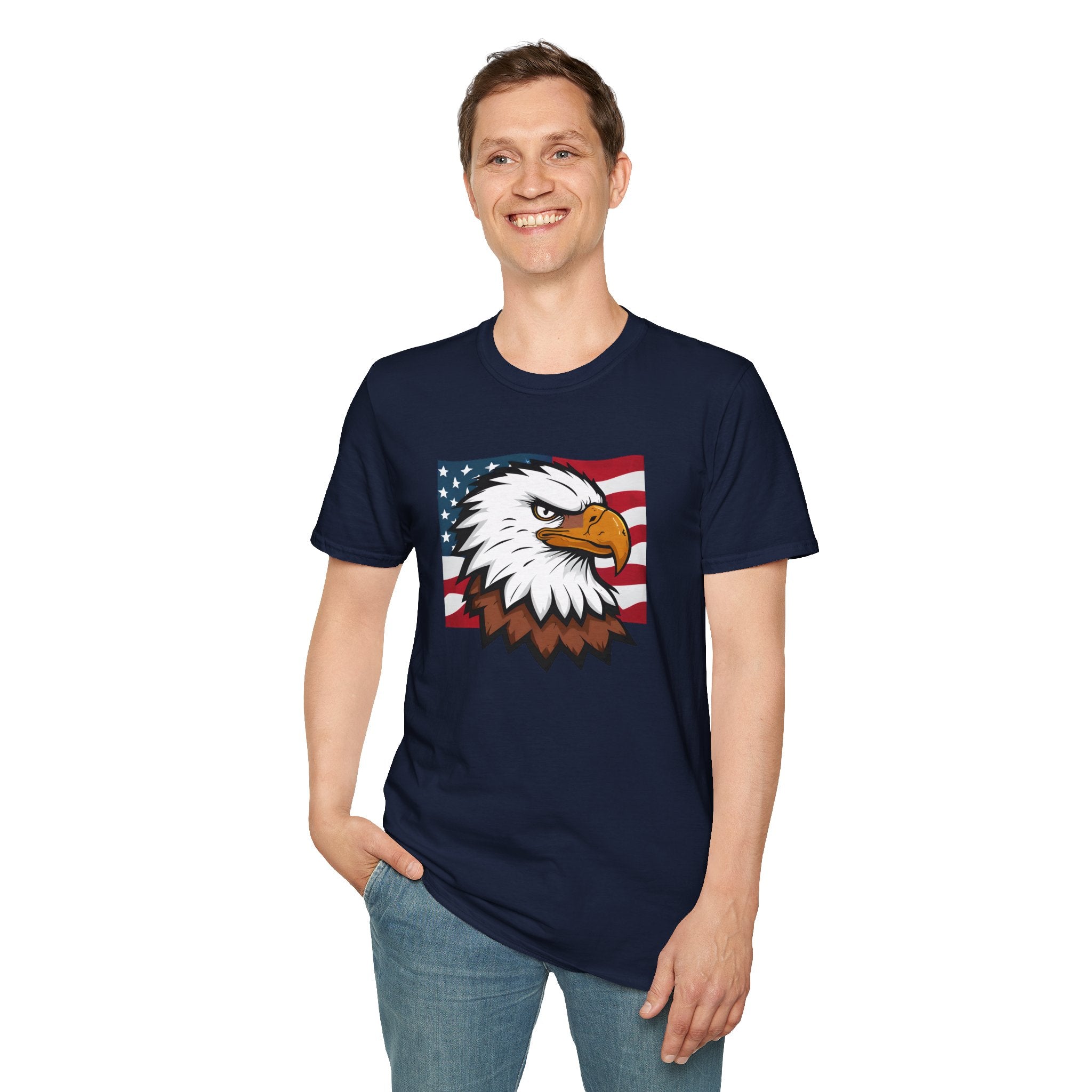 Patriotic Eagle Graphic T-Shirt, Unisex Softstyle Tee for Independence Day, Casual Wear, Gift for Veterans, American Pride Clothing