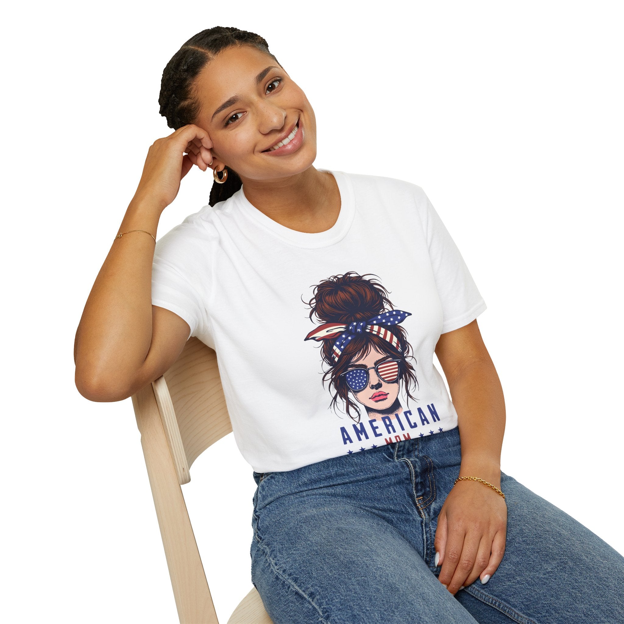 American Mom T-Shirt — Patriotic Messy Bun Sunglasses Tee