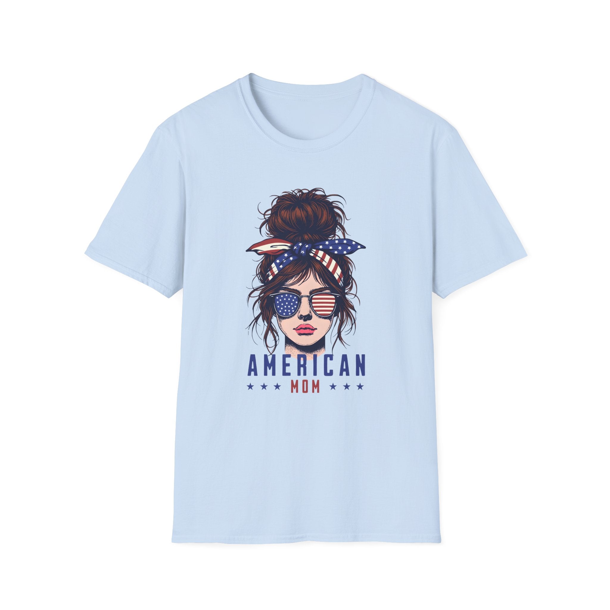 American Mom T-Shirt — Patriotic Messy Bun Sunglasses Tee