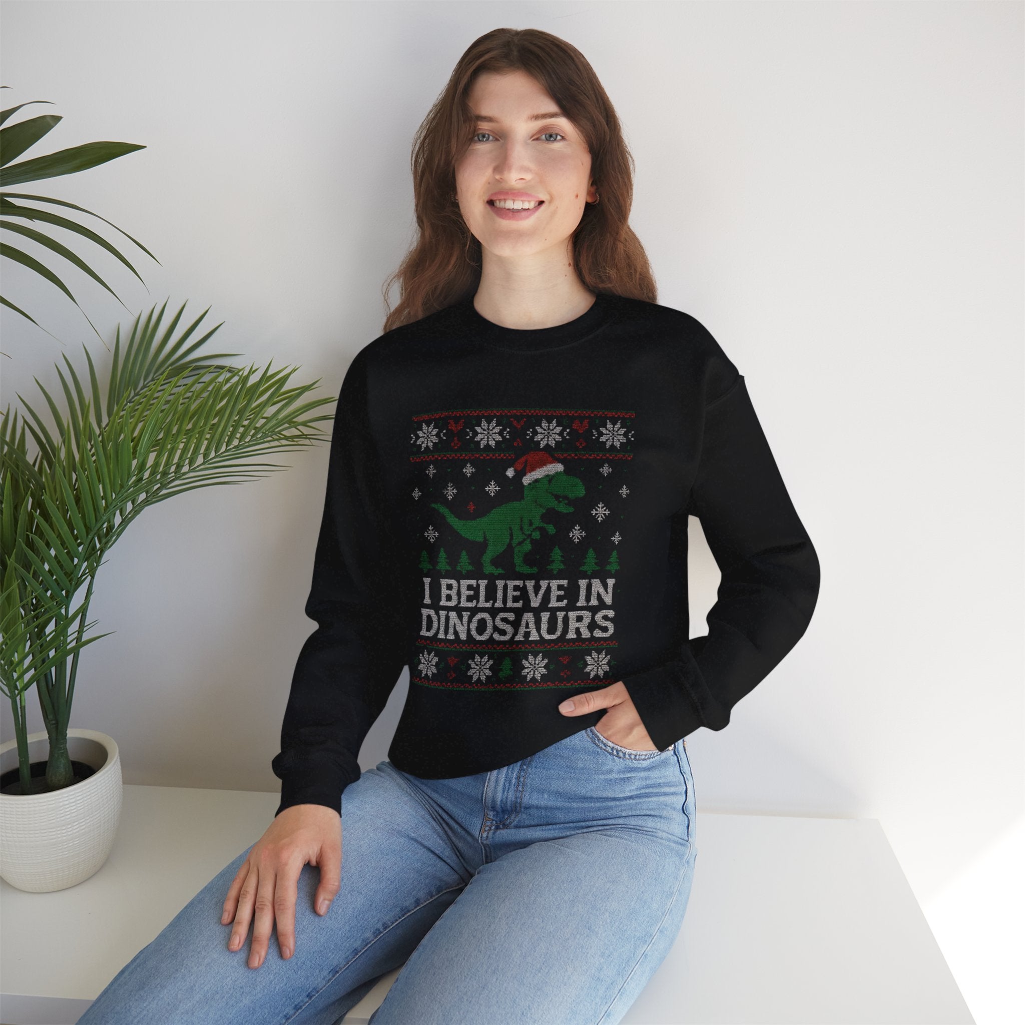 Festive Dinosaur Sweatshirt - I Believe in Dinosaurs, Unisex Crewneck, Christmas Gift, Holiday Apparel, Year-Round Fun