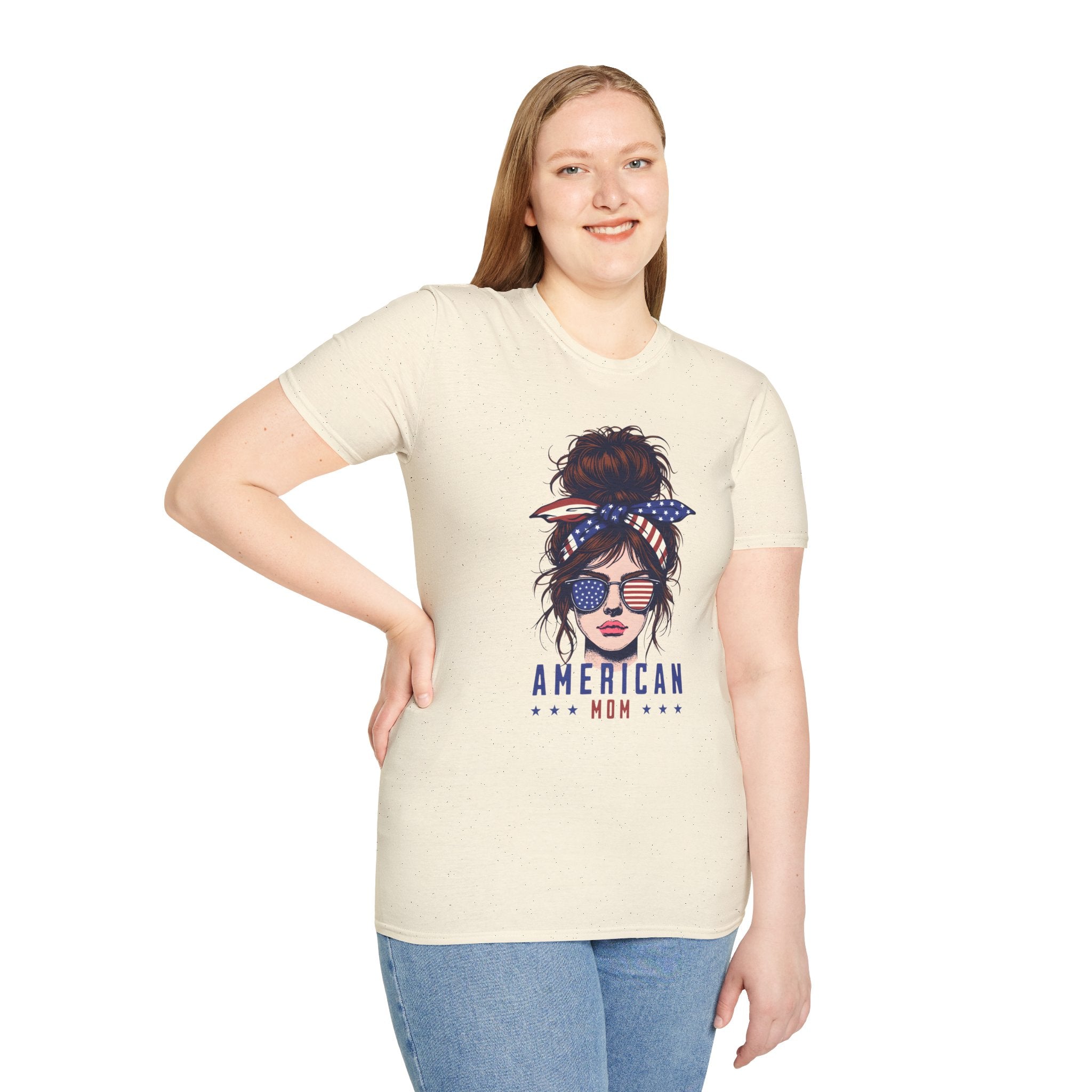 American Mom T-Shirt — Patriotic Messy Bun Sunglasses Tee